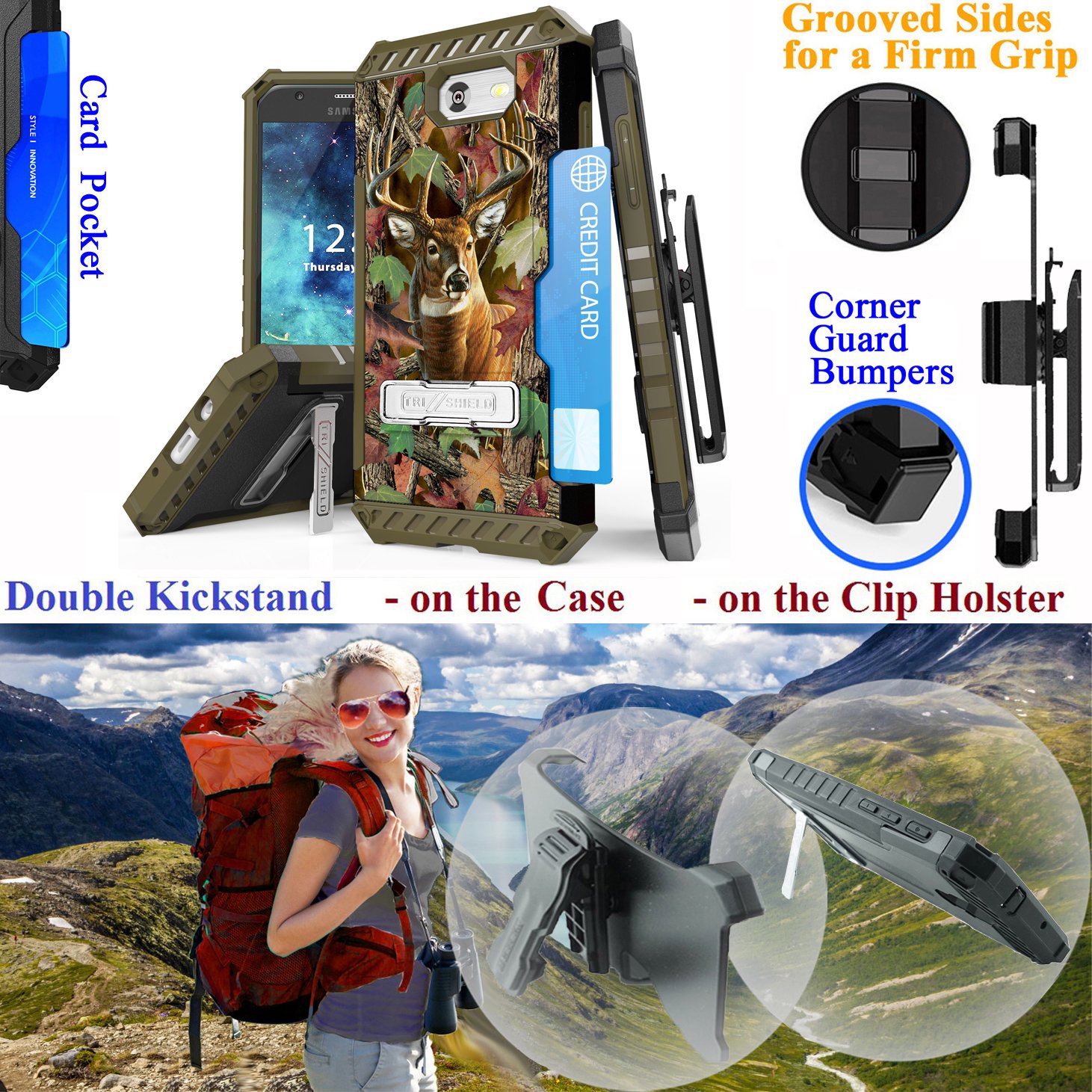Samsung Amp Prime 2 Express Prime 2 Case with Holster, Belt Clip, Kickstand, Card Slot, Grip Guard, Corner Bumper, Hybrid Armor Cover - Ideal for Deer Hunting and Outdoor Adventures
