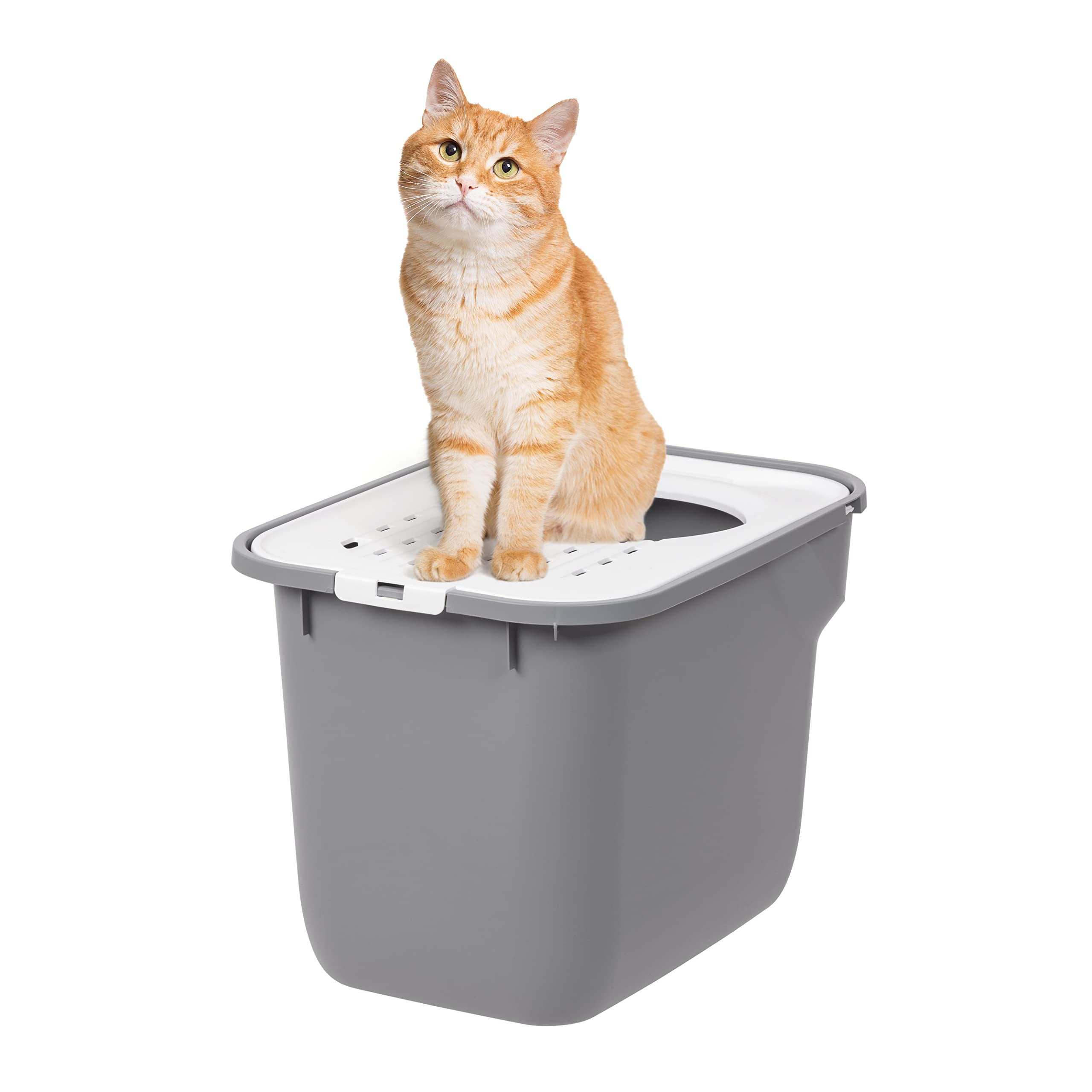 IRIS USA Large Top Entry Cat Litter Box with Litter-Catching Lid - Gray/White Enclosed Kitty Litter Box for Odor Control & Privacy - Perfect for Small Spaces & Multi-Cat Homes