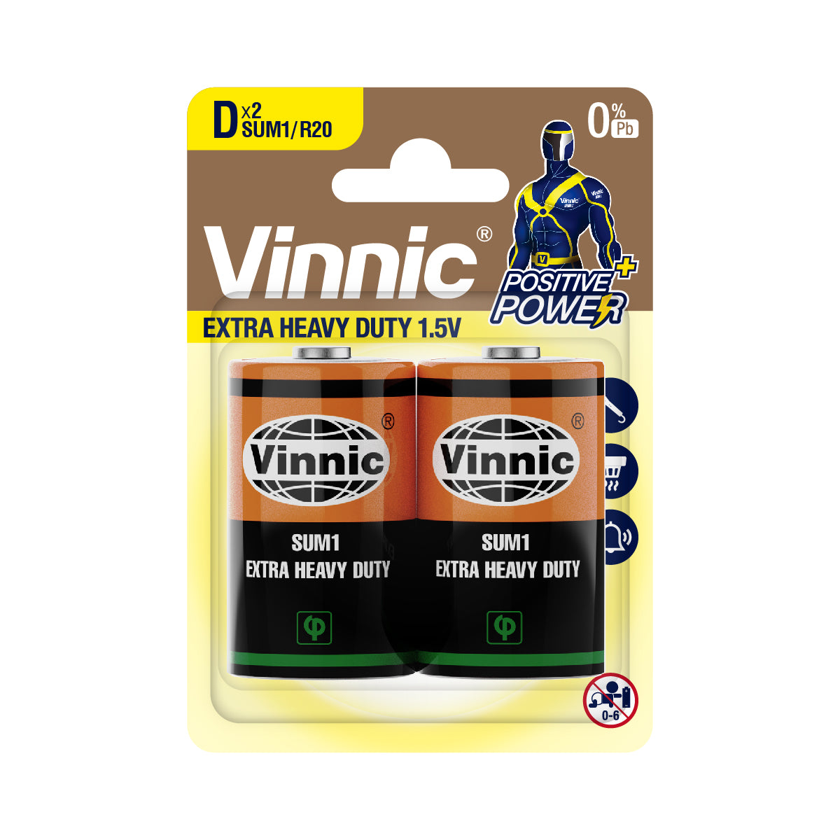 Vinnic Zinc Chloride Extra Heavy Duty D Cell Battery (1.5V) - 2 Pack for Flashlights, Radios & Emergency Kits | Long-Lasting Power SUM1/R20 Size