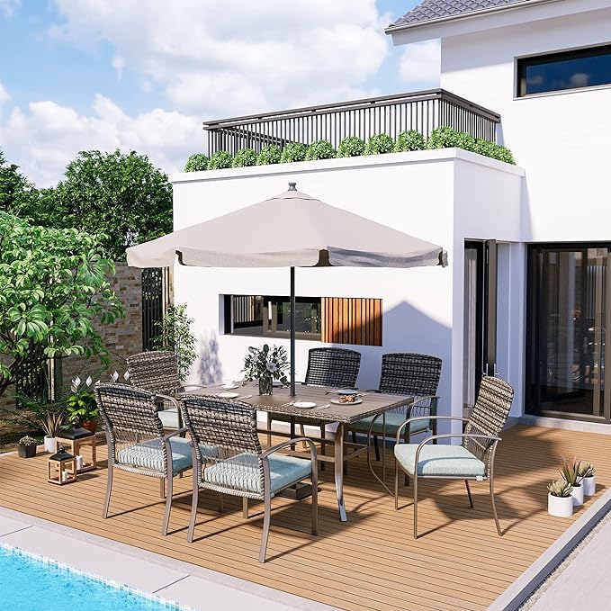 7-Piece Pamapic Patio Dining Set - Outdoor Wicker Furniture with Iron Slats Table Top & Removable Green Cushions for Backyard, Garden, Deck, Poolside | Perfect for Outdoor Entertaining & Relaxation