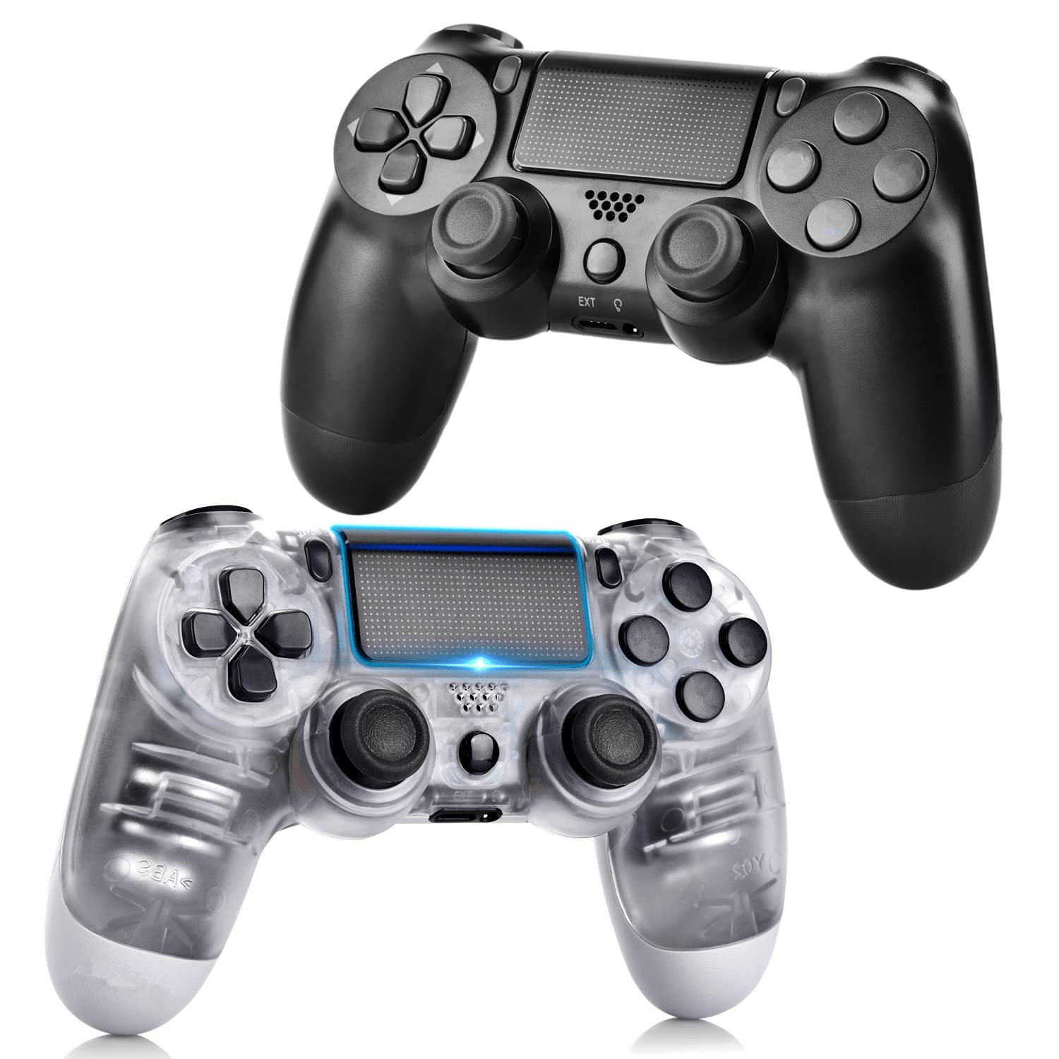 2 Pack Wireless Gaming Controller Compatible with P-4 Console - Dual Shock Gamepad with Joystick, Touchpad & Charging Cable - Transparent White & Black - Perfect for PS4 Gaming, Streaming & Multiplayer Sessions