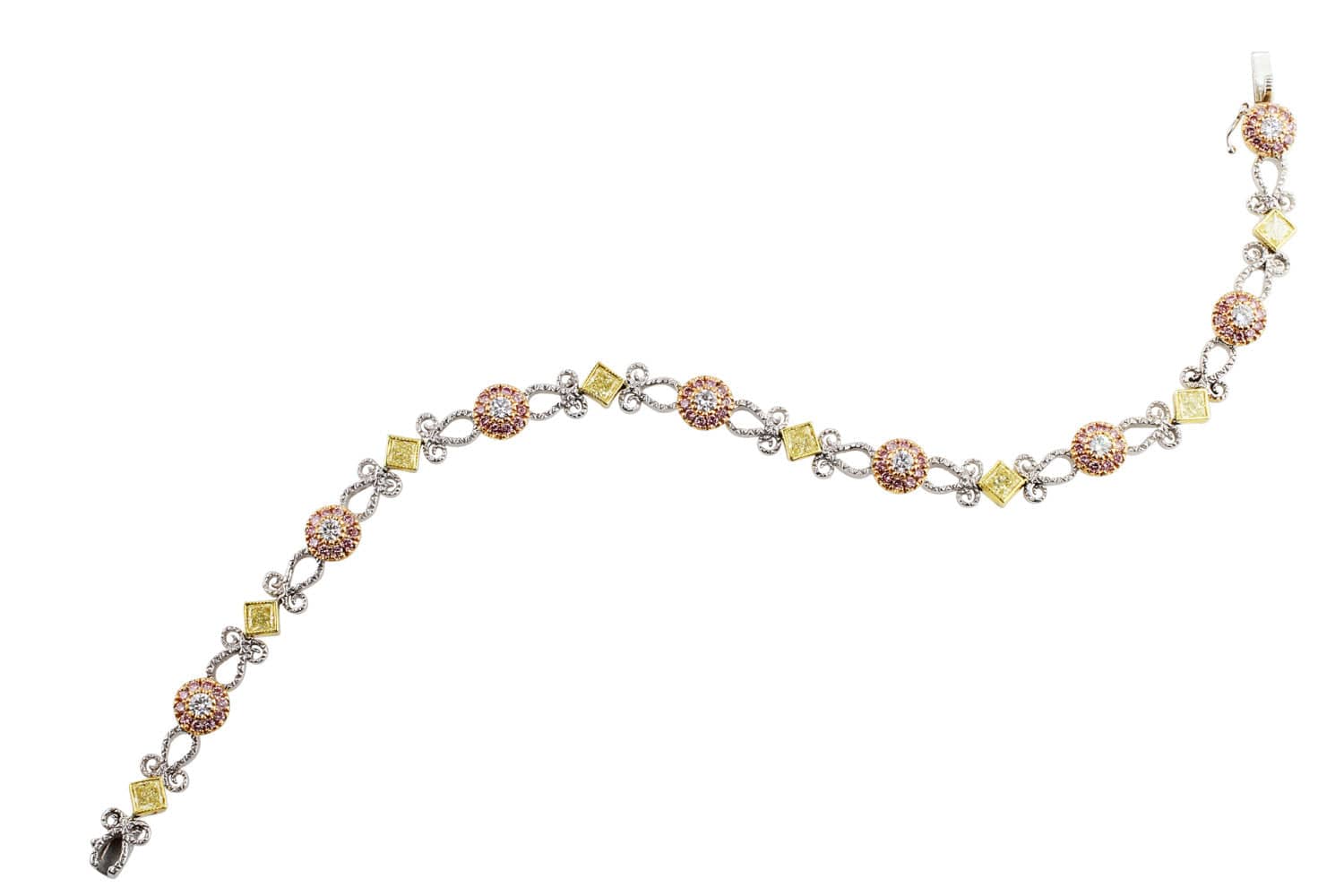 18K White Gold 4.23ctw Pink & Yellow Diamond Filigree Bracelet - Elegant Jewelry Gift for Women, Perfect for Weddings, Anniversaries & Special Occasions