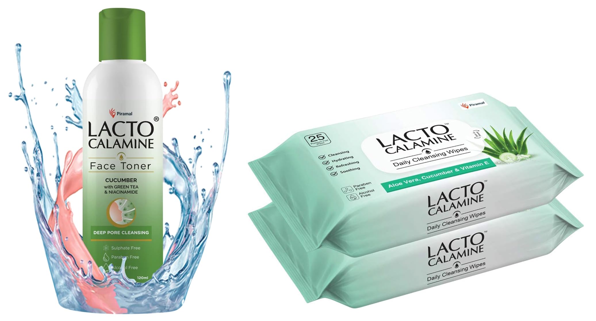 Lacto Calamine Daily Cleansing Face Wipes with Aloe Vera, Cucumber & Vitamin E - 50 Count (Pack of 2) | Lacto Calamine Cucumber Face Toner with Green Tea & Niacinamide - 120ml | Gentle Skincare for Acne, Oily & Sensitive Skin | Perfect for Travel & Daily Routine
