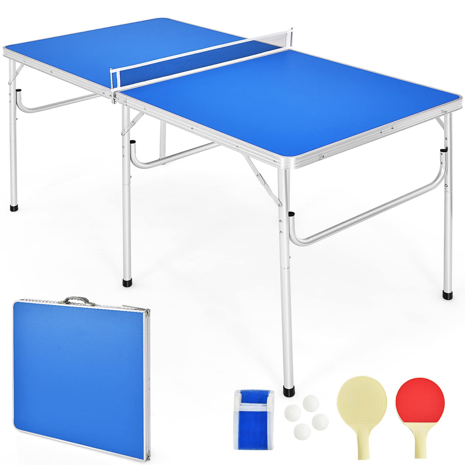 Goplus Foldable Ping Pong Table - 100% Preassembled Indoor/Outdoor Table Tennis Set with Net, 2 Paddles & Balls | Portable for Backyard, Game Room, Office & Patio Fun