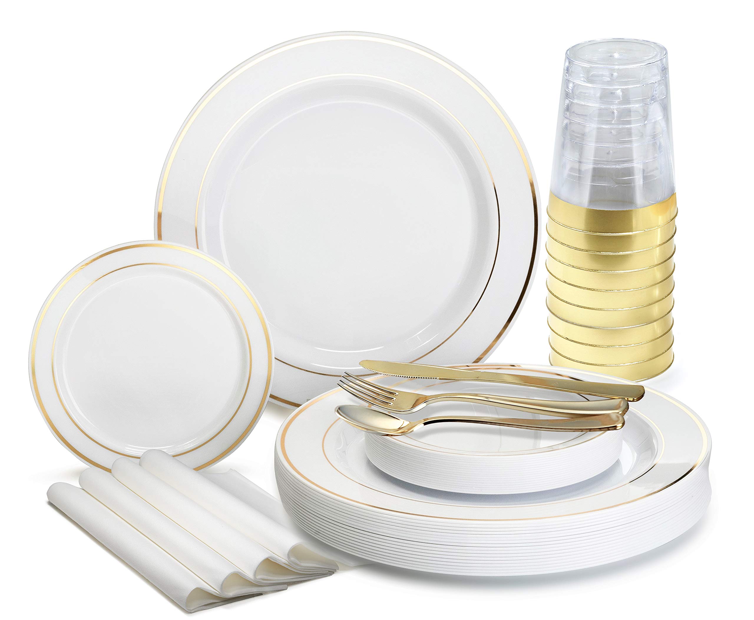 560-Piece Heavyweight Disposable Plastic Plate Set for 80 Guests - 10.5'' Dinner Plates, 6.25'' Dessert Plates, Gold Silverware, Cups & Napkins (White & Gold Rim) - Perfect for Weddings, Parties, Catering & Special Events