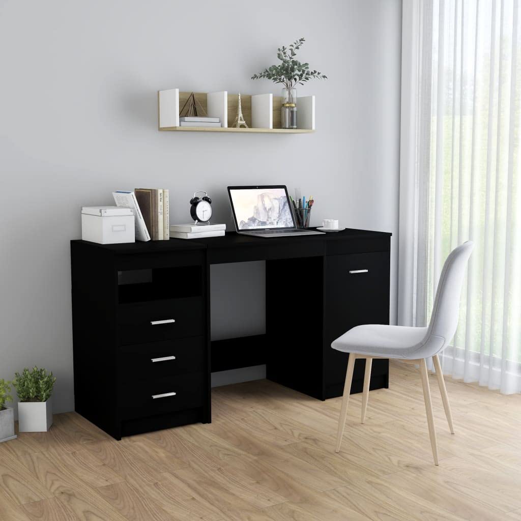 55-Inch Black Wooden Computer Desk with Cabinet & 3 Drawers - Modern Home Office Writing Workstation for PC & Laptop - Space-Saving Study Desk for Small Rooms & Apartments