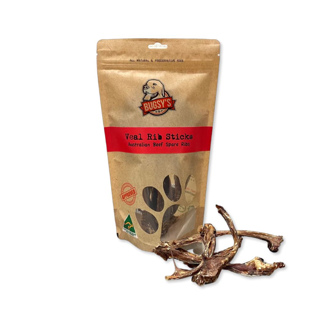 Bugsy's Premium Veal Rib Sticks & Beef Spare Ribs Dog Treats - 100g Natural Chews for Small & Large Dogs - Perfect for Training, Dental Health & Long-Lasting Enjoyment