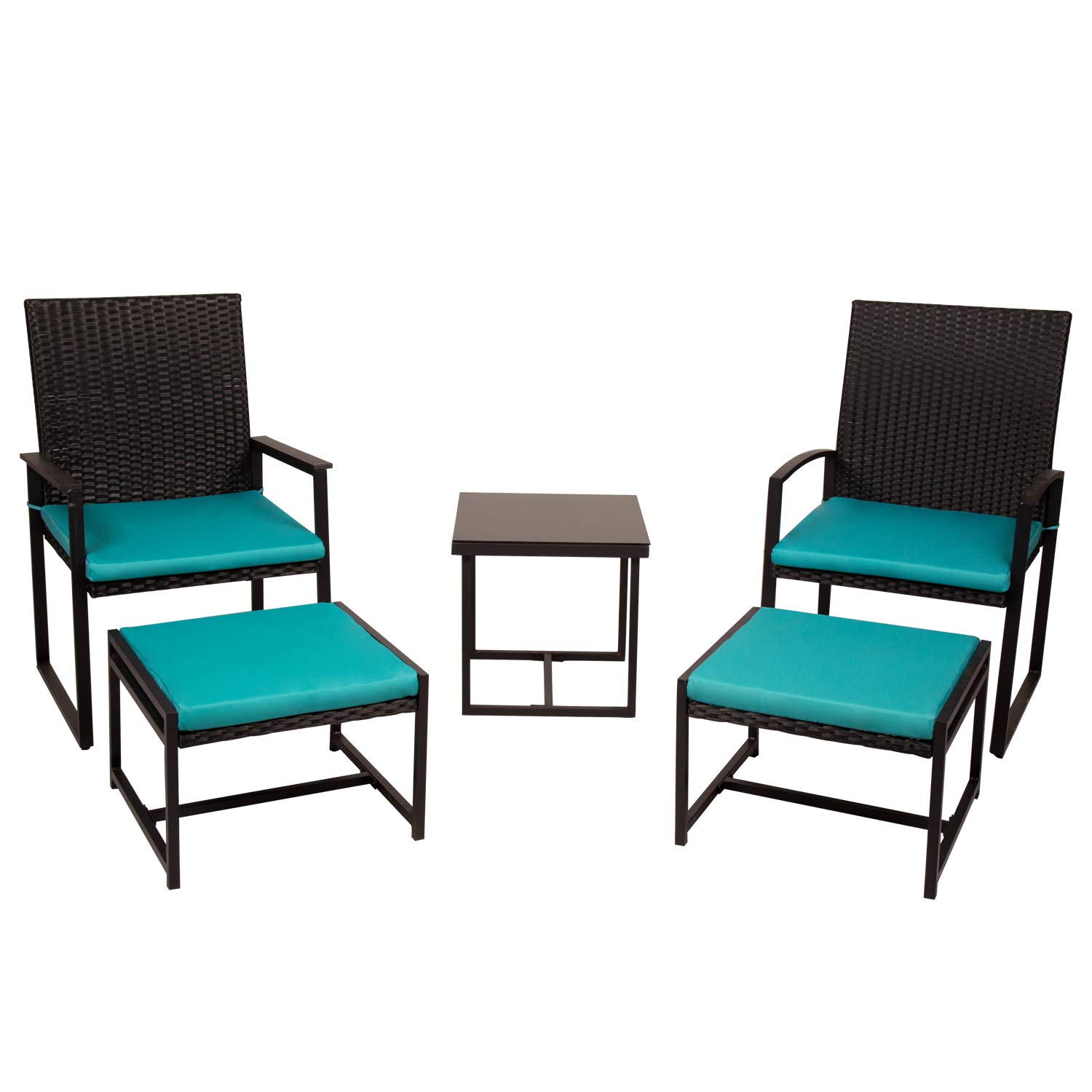 Kinsuite 5-Piece Outdoor Wicker Furniture Set - PE Rattan Sofa with Ottoman, Glass Top Coffee Table & Waterproof Cushions (Blue) | Patio, Garden, Poolside & Backyard Lounge Set