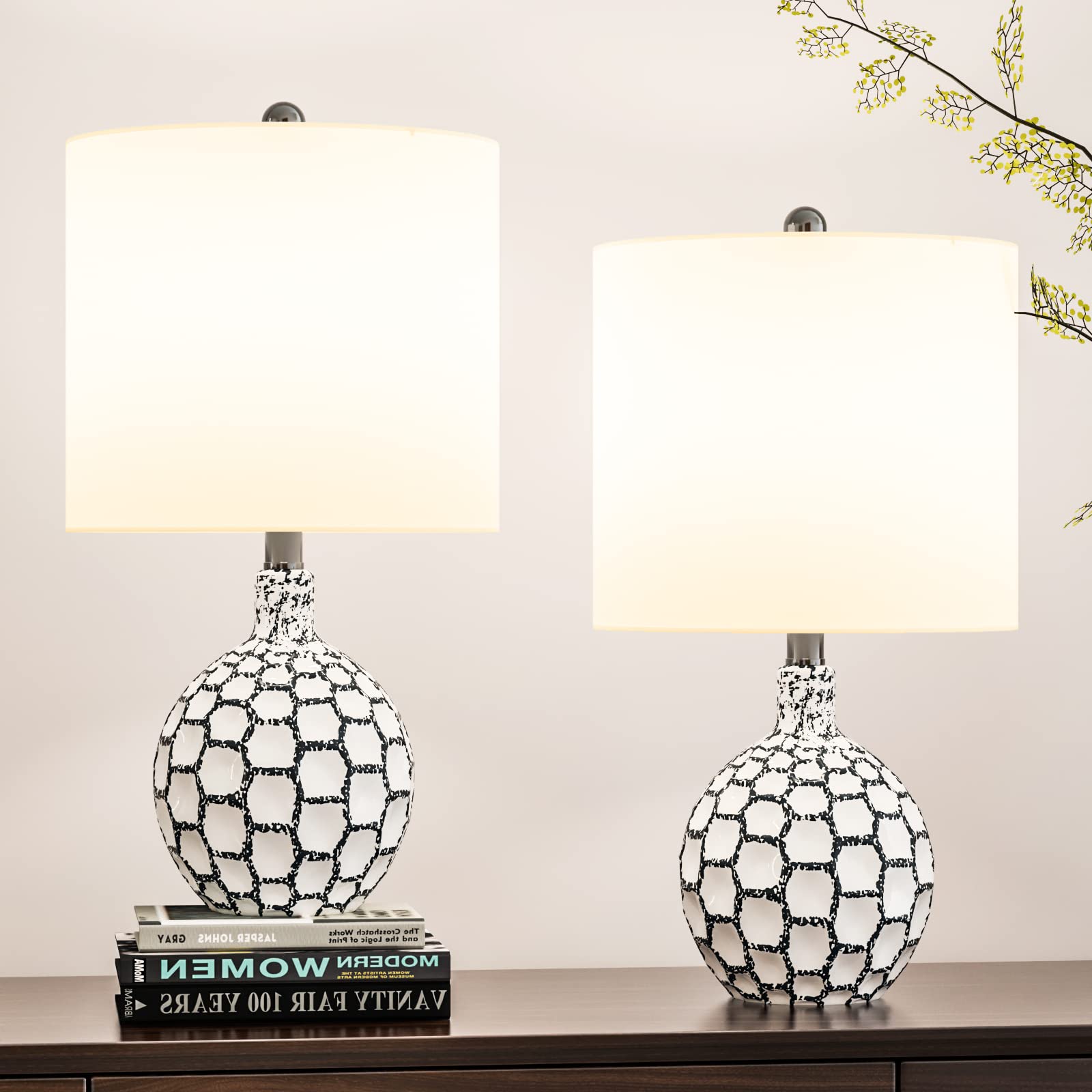 Maxax Ceramic Table Lamps Set of 2 - Modern Honeycomb Bedside Desk Lamps with White Fabric Shade for Living Room, Bedroom, Office - White & Blue - Perfect for Nightstands, Home Decor & Workspace Lighting