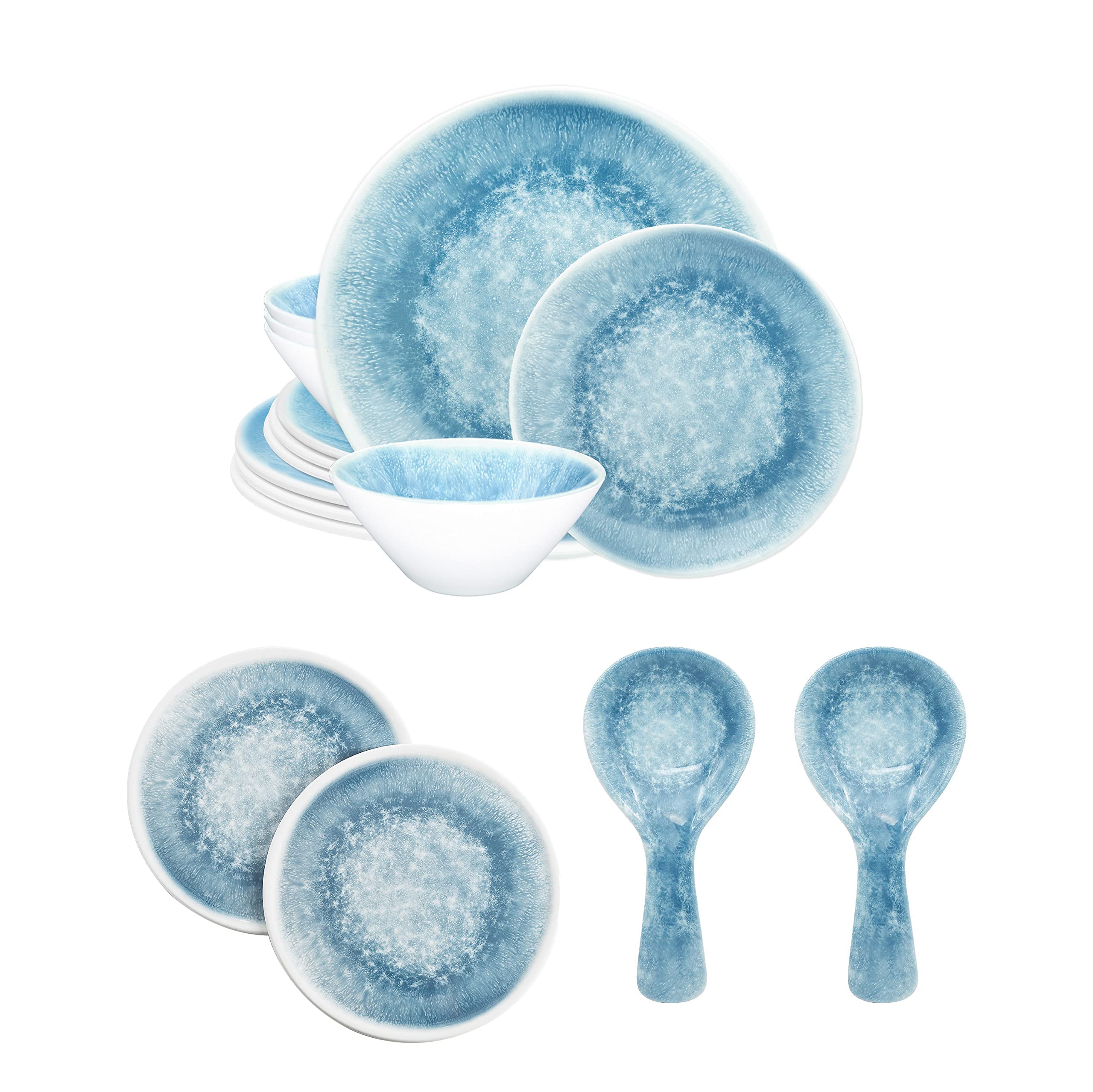 Bzyoo Reactive Blue 12-Piece Melamine Dinnerware Set - BPA-Free, Dishwasher Safe Plates & Bowls with 2 Spoon Rests & 2 Trivets - Perfect for Outdoor Dining, Picnics, and Everyday Use