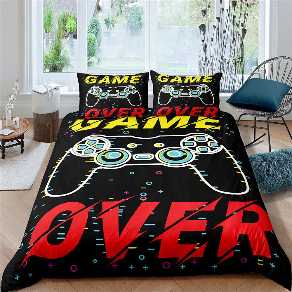Premium Microfiber Gaming Bedding Set - Twin/Queen Size Duvet Cover & Pillowcase (3PC) - Black Luxury Cartoon Design for Teen Gamers & Kids - 228x228cm - Perfect for Gaming Rooms, Teen Bedrooms & Sleepovers