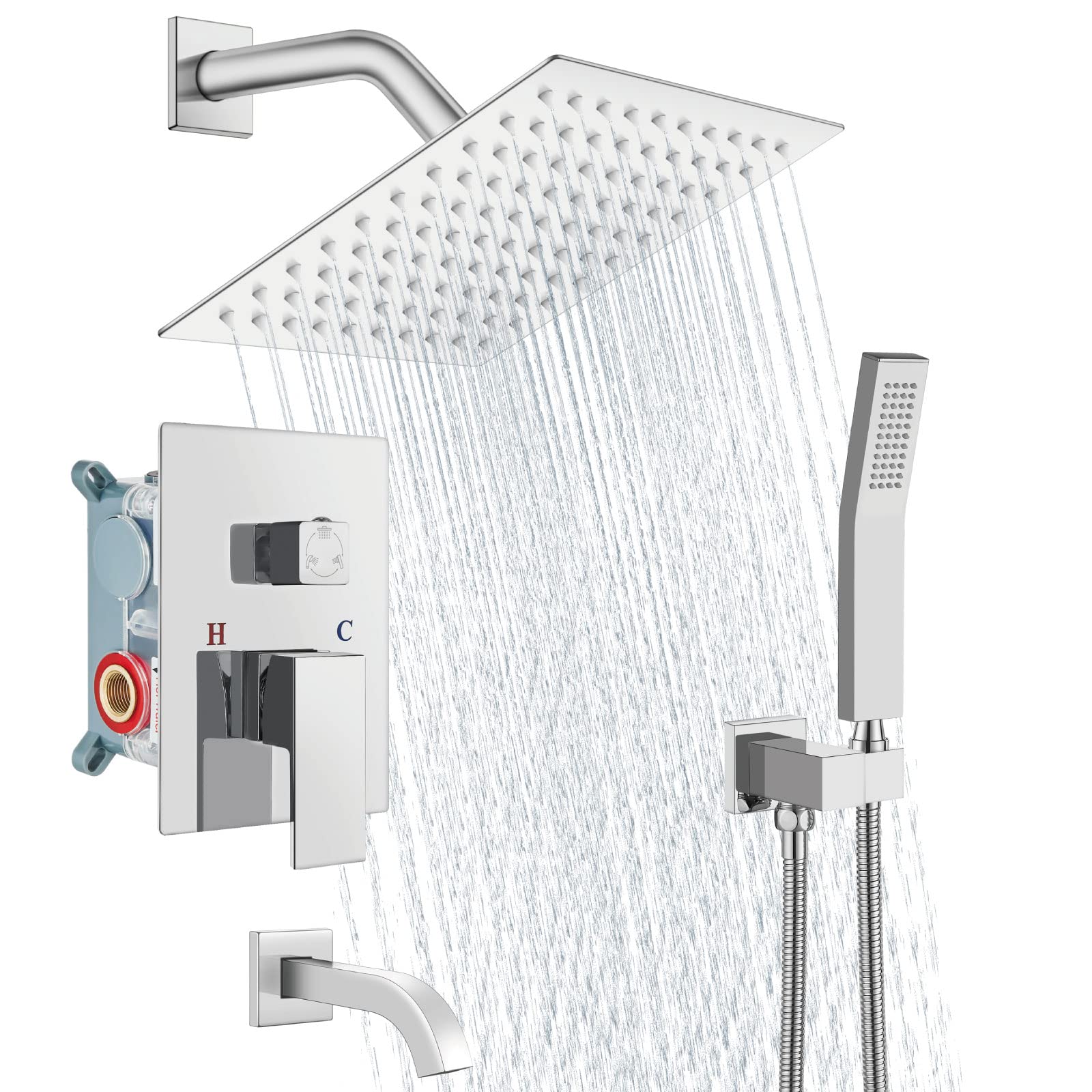 Luxury Aolemi Rainfall Shower System Combo Set - 8 Inch Polish Chrome Shower Head, Handheld Shower, Tub Filler & Wall Mount Mixer Faucet with Rough-in Valve for Spa-like Bathroom Experience | Perfect for Master Baths, Guest Suites & Luxury Home Renovations