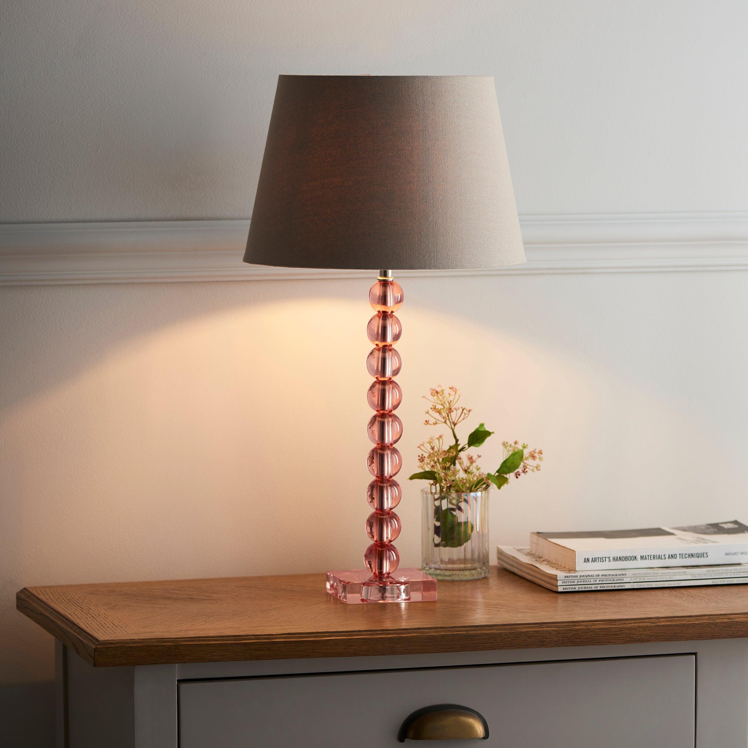 Adelie Blush Pink Tinted Crystal Glass Table Lamp with Grey Linen Shade - Elegant Bedside & Living Room Lighting for Home Decor