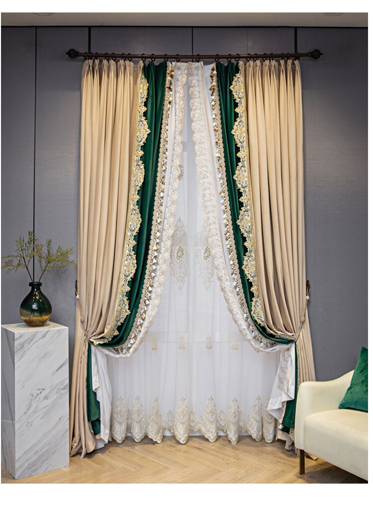 Luxury Velvet Curtain with Lace Border - Green & Beige for Living Room & Bedroom - Elegant Window Treatment for Home Decor