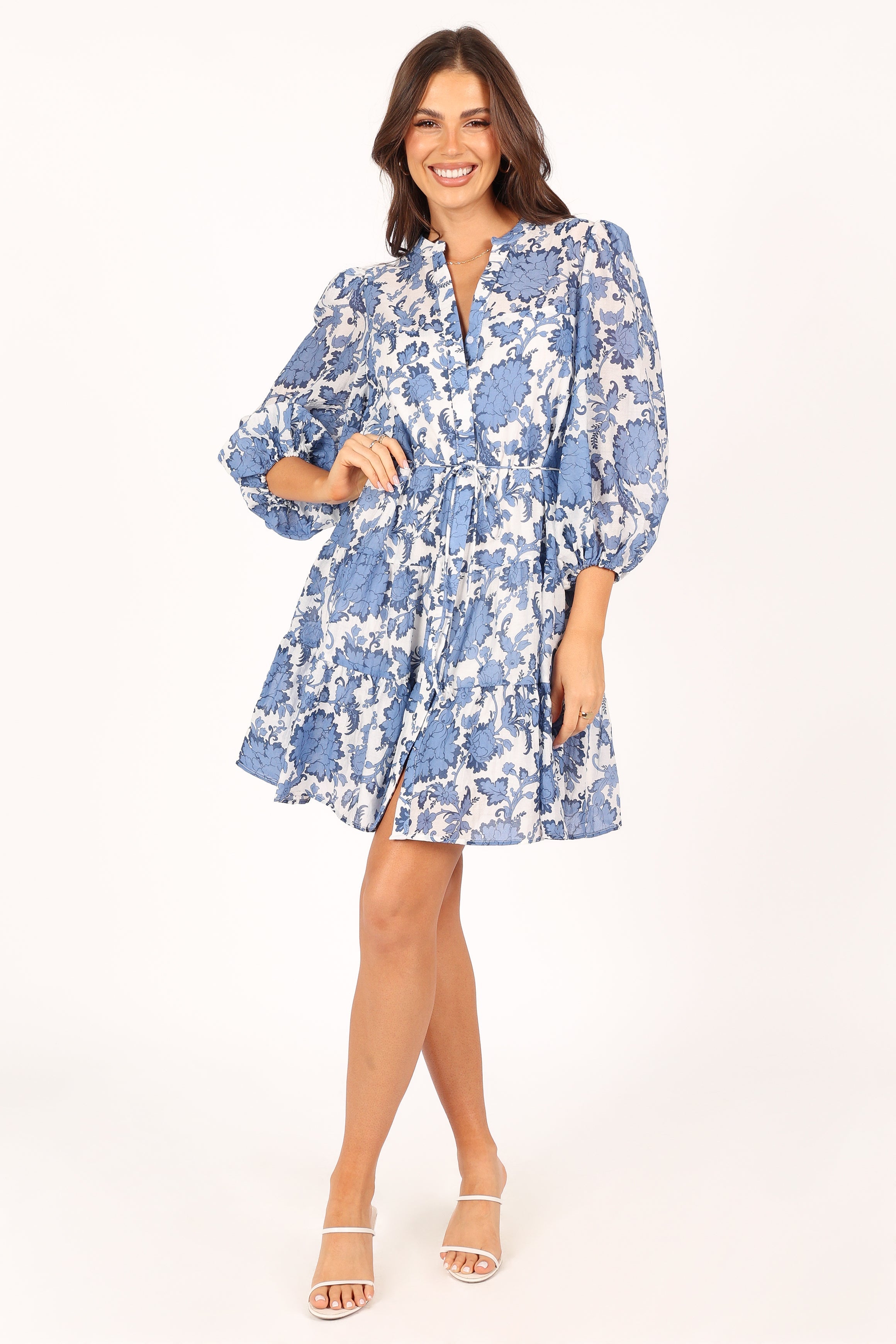 Dierdre Long Sleeve Mini Dress - Blue Floral Print Women's Party Dress for Cocktail, Wedding & Date Night