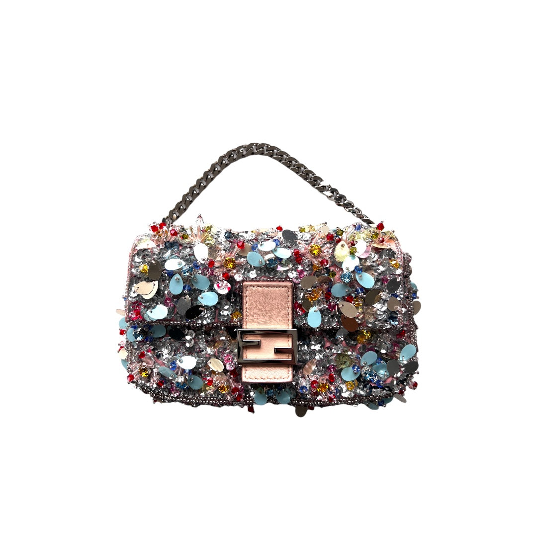 Fendi Mini Multicolor Diamond & Sequin Baguette Bag - Luxury Designer Crossbody Purse for Women, Perfect for Parties, Weddings & Evening Events