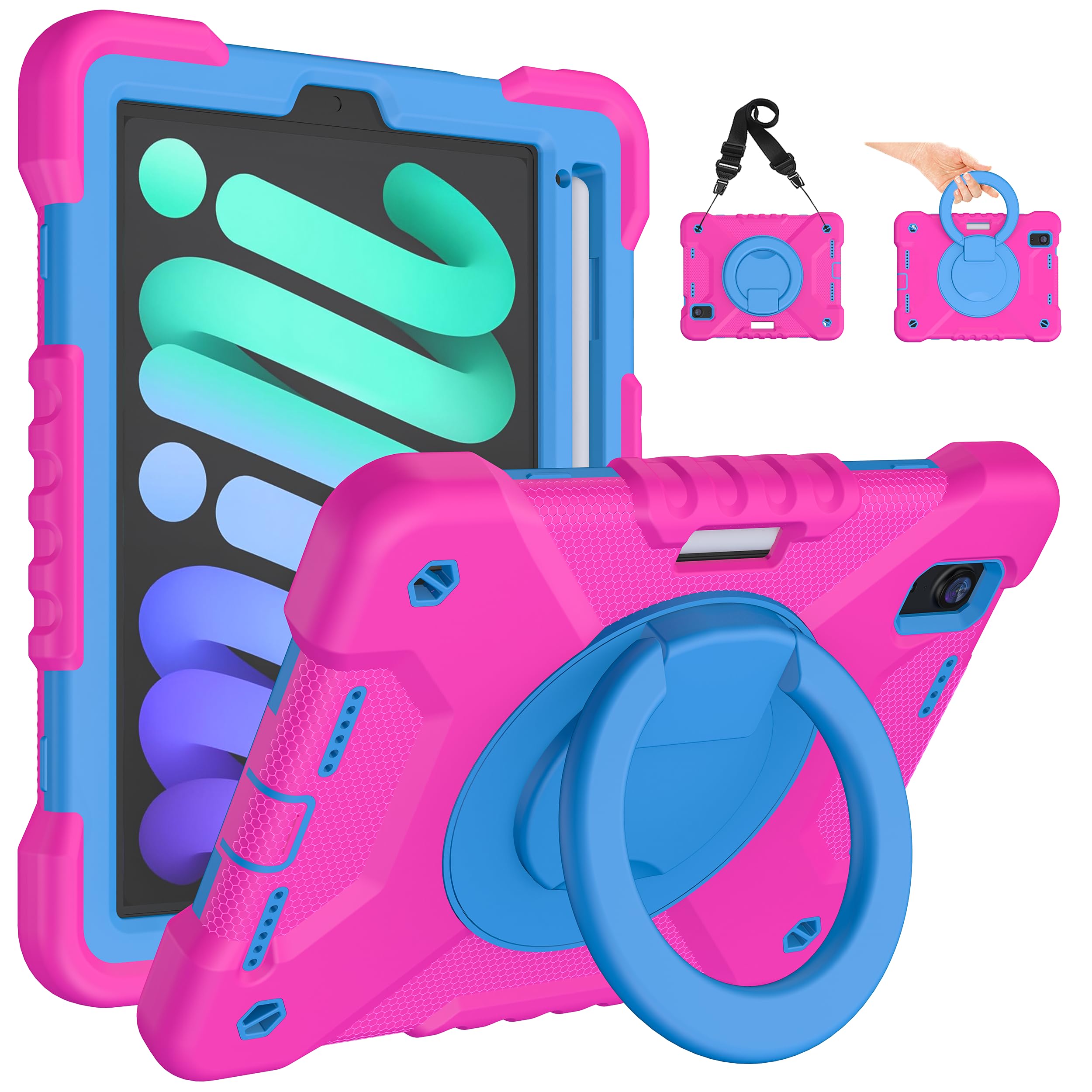 2024 iPad Mini 7 & 2021 iPad Mini 6 Case 8.3 Inch with Pencil Holder - 360° Rotating Stand Handle, Shockproof Protective Cover for iPad Mini 7th/6th Generation (Pink & Blue) - Perfect for Work, Travel & Home Use