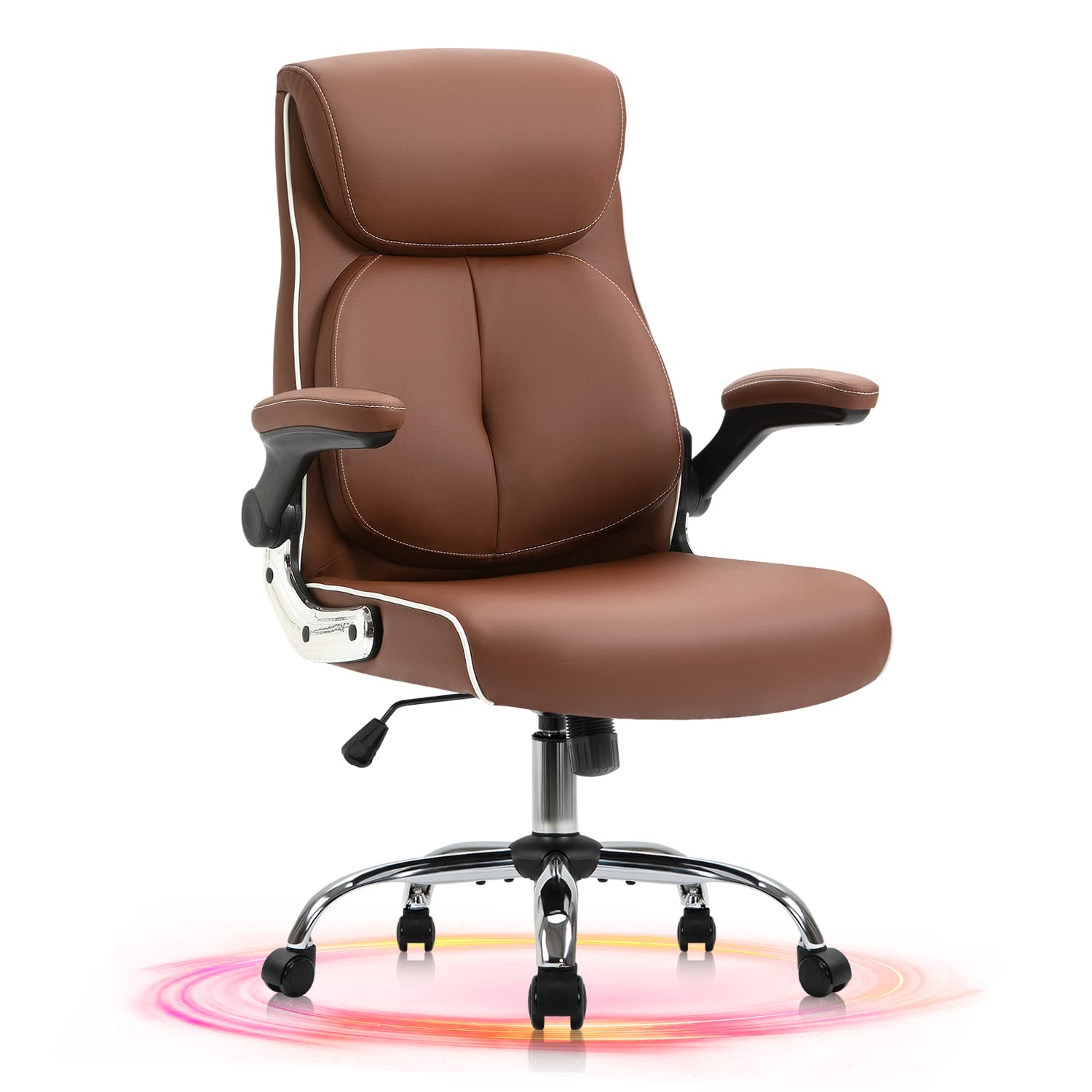 YAMASORO Ergonomic Office Chair - High Back Comfortable Desk Chair with Wheels, Flip-Up Arms & Lumbar Support - Brown Leather Computer Chair for Home Office, Gaming & Workspace