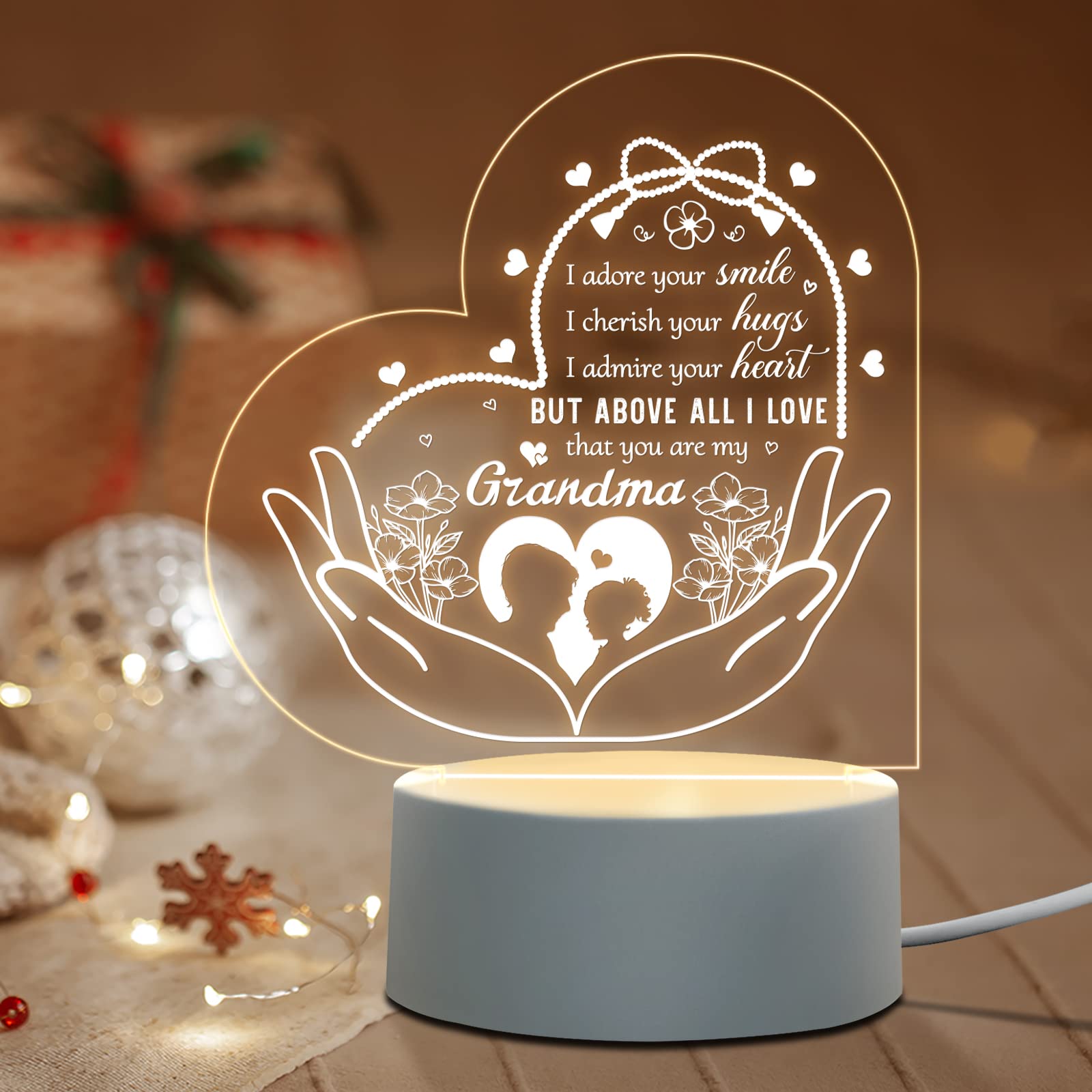 Personalized Acrylic Night Light for Grandma - Thoughtful Birthday, Mother's Day, Thanksgiving & Christmas Gift from Grandchildren | Bedside Lamp for Grandmother's Bedroom, Nursery Decor, Cozy Nighttime Reading Light