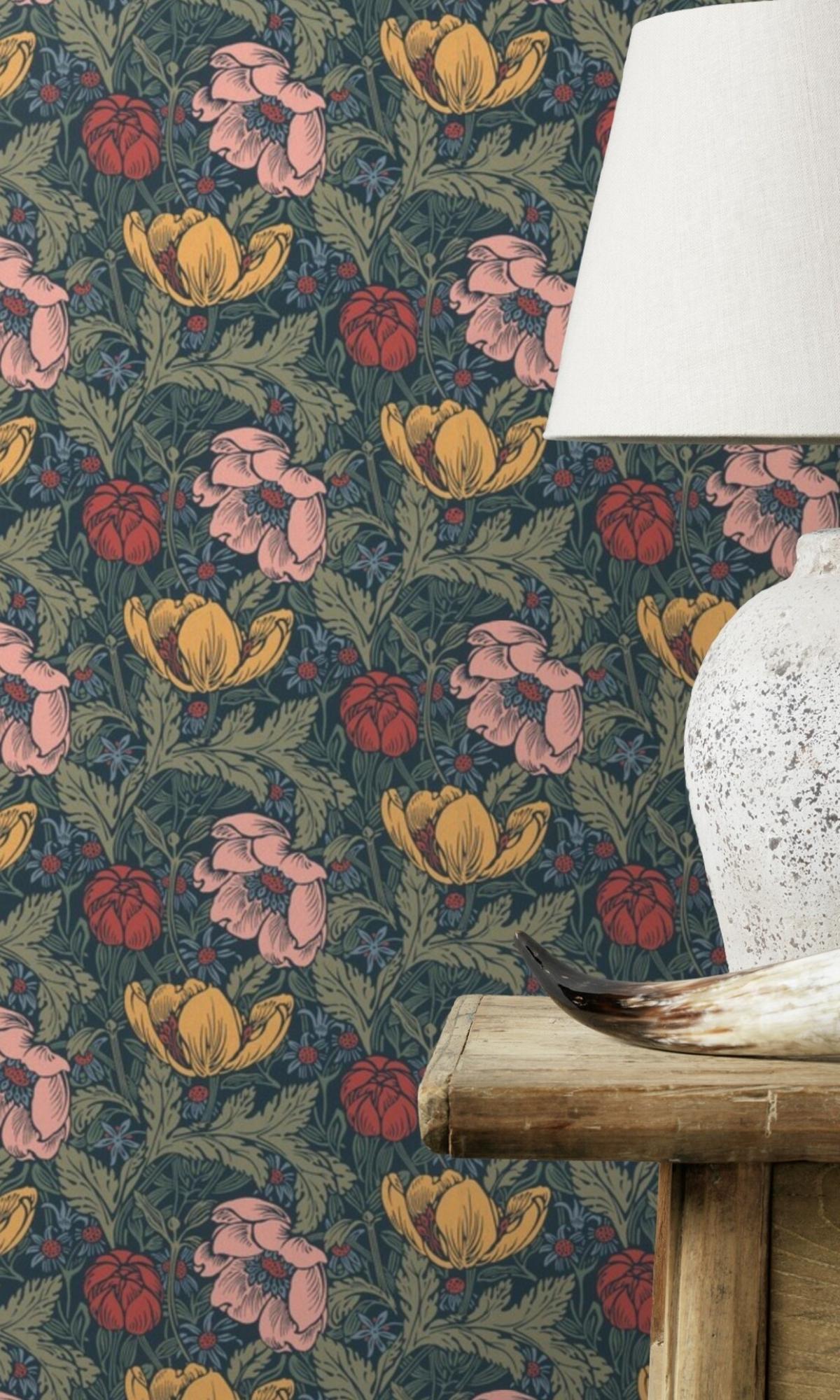 Blue & Pink Bold Leaves and Flowers Tropical Wallpaper R7769 - Vibrant Peel and Stick Wallpaper for Bedroom, Living Room, Bathroom Decor
