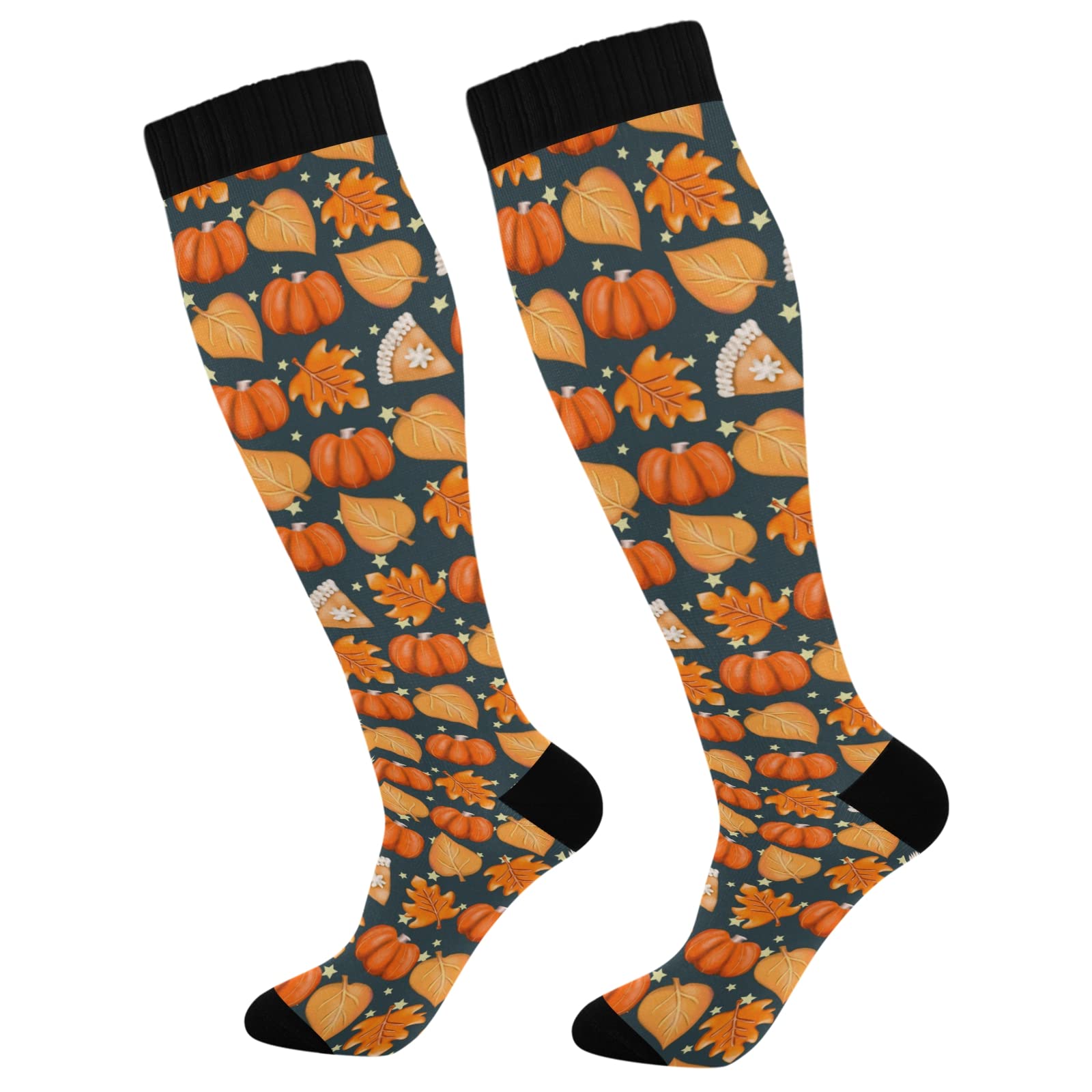 Thanksgiving Colorful Maple Leaves Compression Socks for Women & Men - Cute Comfortable Knee High Socks for Running, Travel & Holiday Outfits