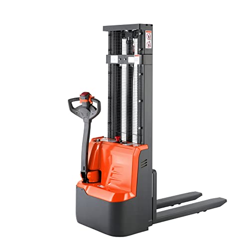 Full Electric Stacker Pallet Forklift - 3300lbs Capacity, 118inch Max Lifting Height with Fixed Legs & Straddle Forks - Warehouse Material Handling Equipment for Loading, Unloading, and Storage Operations