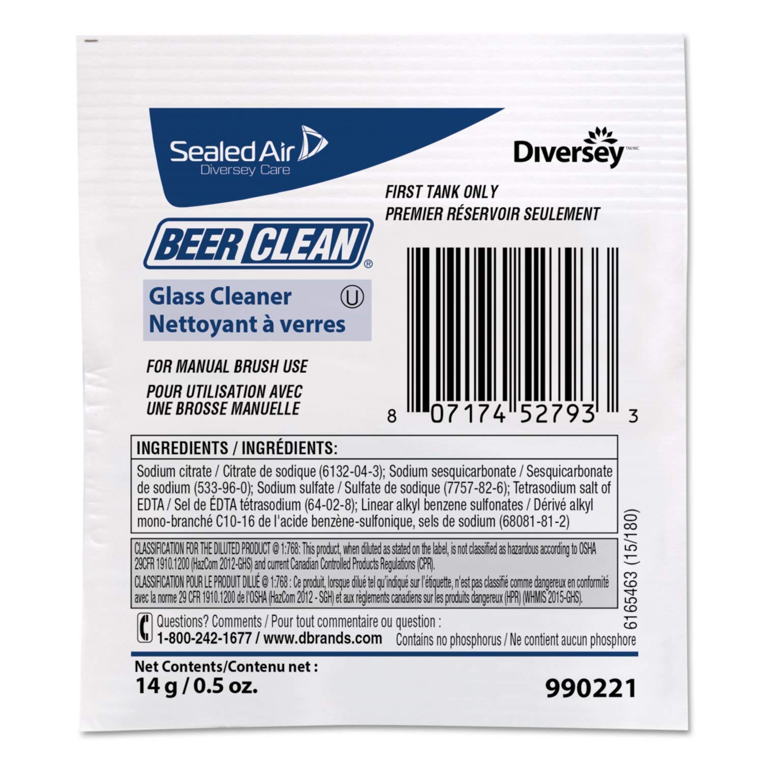 Diversey Beer Clean Glass Cleaner Powder - 0.5oz Packets (100/Carton) - Professional Bar & Restaurant Glassware Cleaning Solution