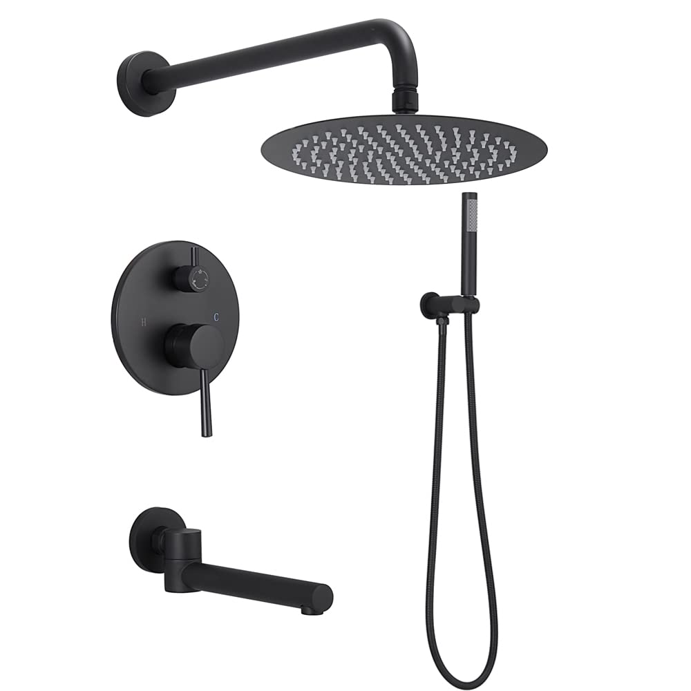 High-Pressure Rainfall Shower Head and Handheld Sprayer Set with Matte Black Finish - Complete Bathroom Shower System with Mixer Valve & Tub Spout for Luxurious Spa-Like Experience at Home