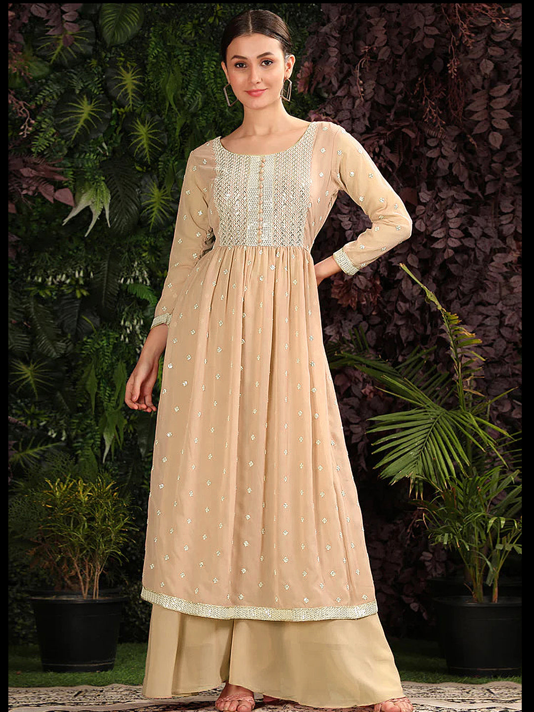 Elegant Beige Pakistani Palazzo Suit with Embroidery & Sequins - Ready to Wear Designer Outfit for Women | Perfect for Weddings, Parties & Special Occasions