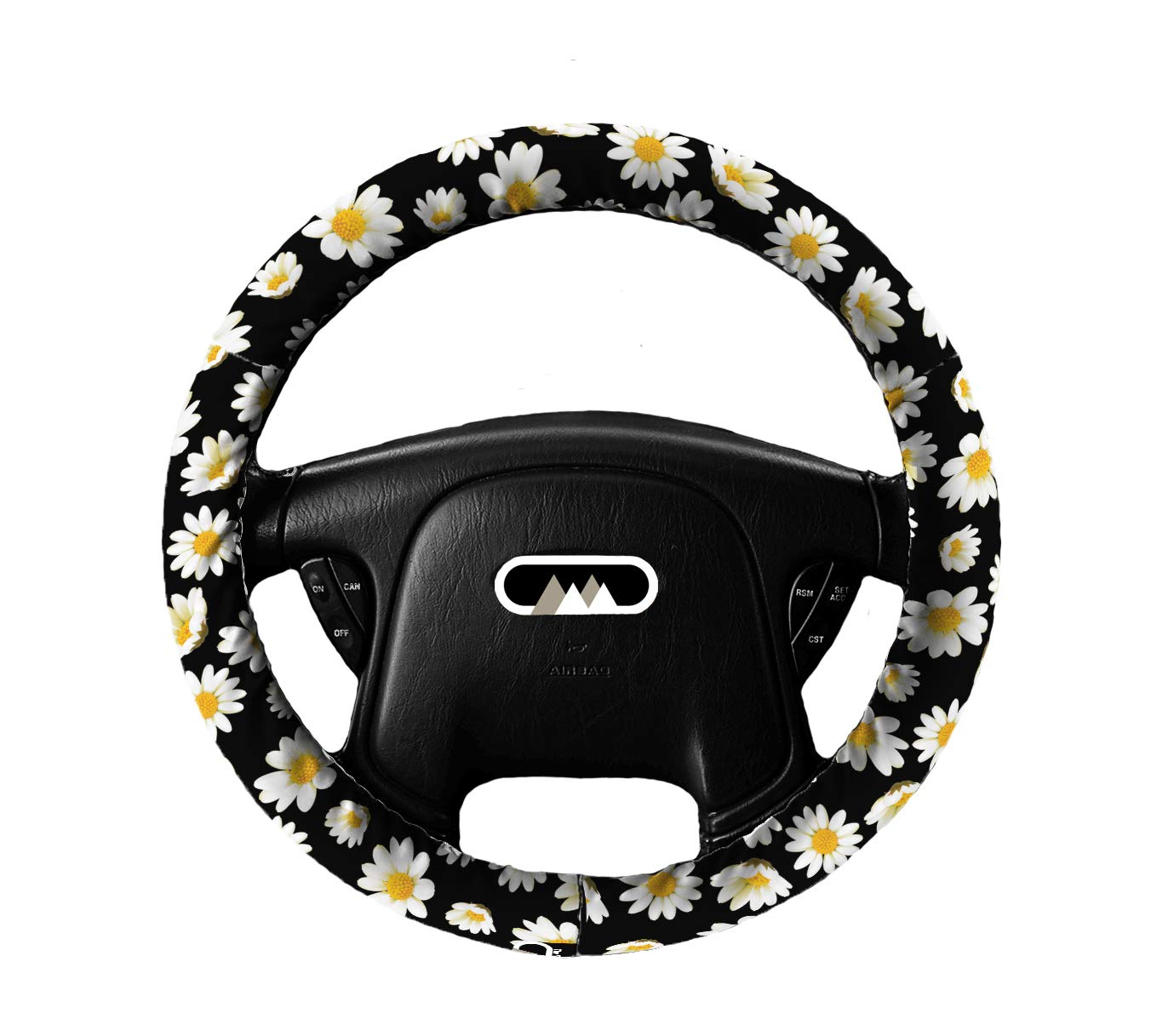 Premium Daisy Floral Steering Wheel Cover - Lightly Padded, Universal Fit for Cars (Black/White/Red/Yellow) | Comfort Grip & Stylish Car Accessory for Daily Driving & Road Trips