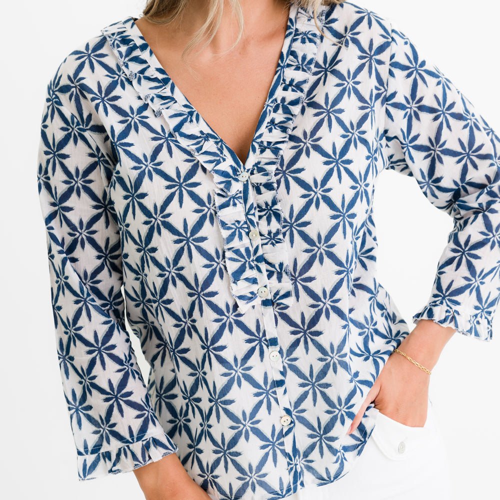 Starburst Flower Navy Floral Flounce Button Down Blouse for Women - Elegant Office Wear & Spring Party Outfit