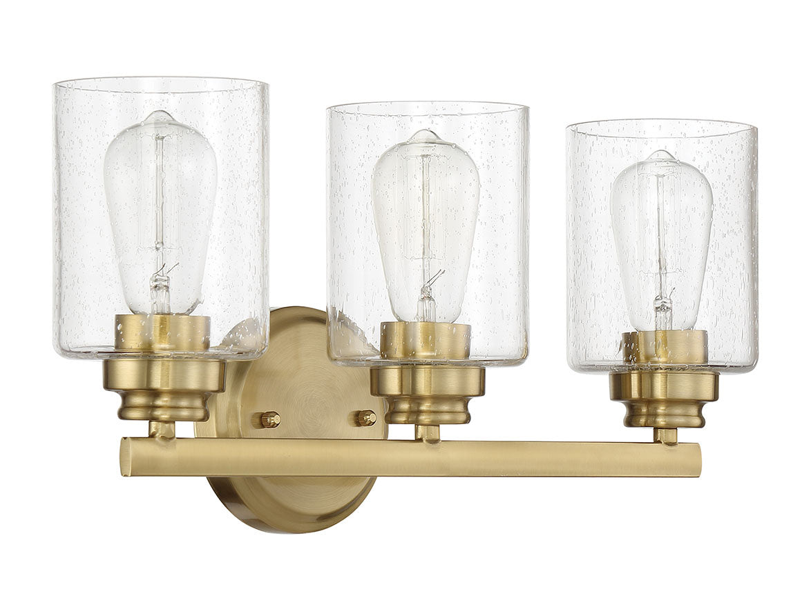 Bolden Three-Light Vanity Light Fixture in Satin Brass Finish - Perfect for Bathroom, Dressing Room & Bedroom Makeup Area