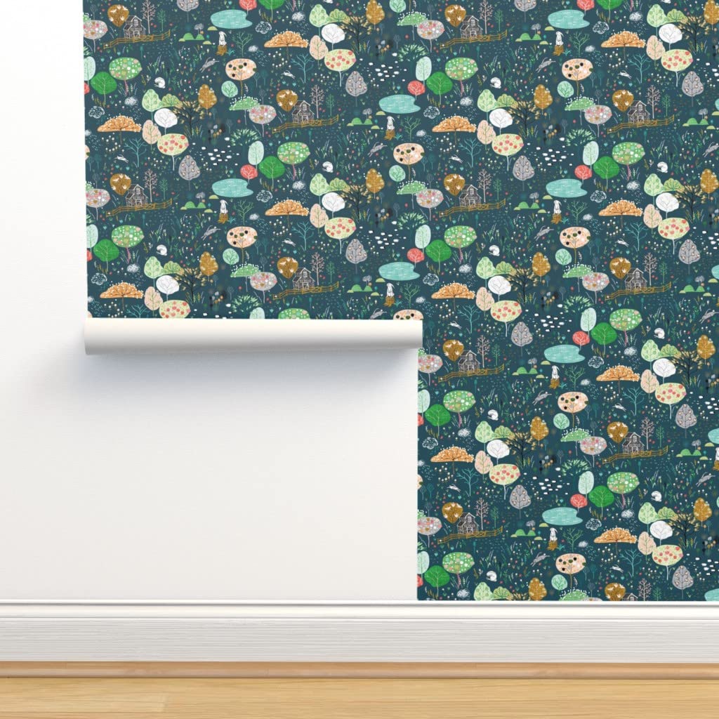 Removable Wallpaper 12ft x 2ft - Orchard Midnight Navy with Apples, Rabbits & Trees | Bohemian Nursery & Farmhouse Decor | Peel & Stick Wallpaper for Bedroom, Kids Room & Home Office