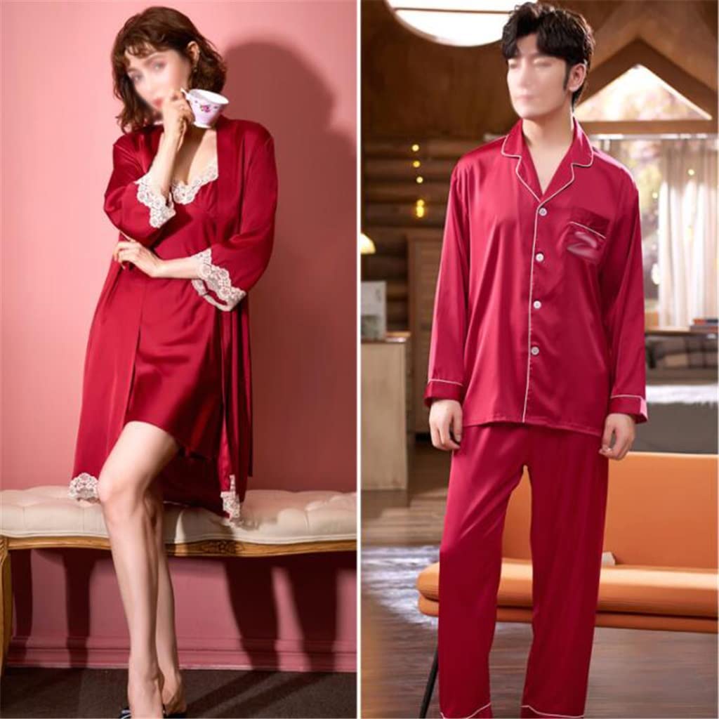 Stylish Two-Piece Couple Pajama Set for Men & Women - Red Ice Silk Sleepwear for Spring & Fall - Sexy Sling Nightgown (Women-XL) - Perfect for Romantic Nights & Comfortable Sleep