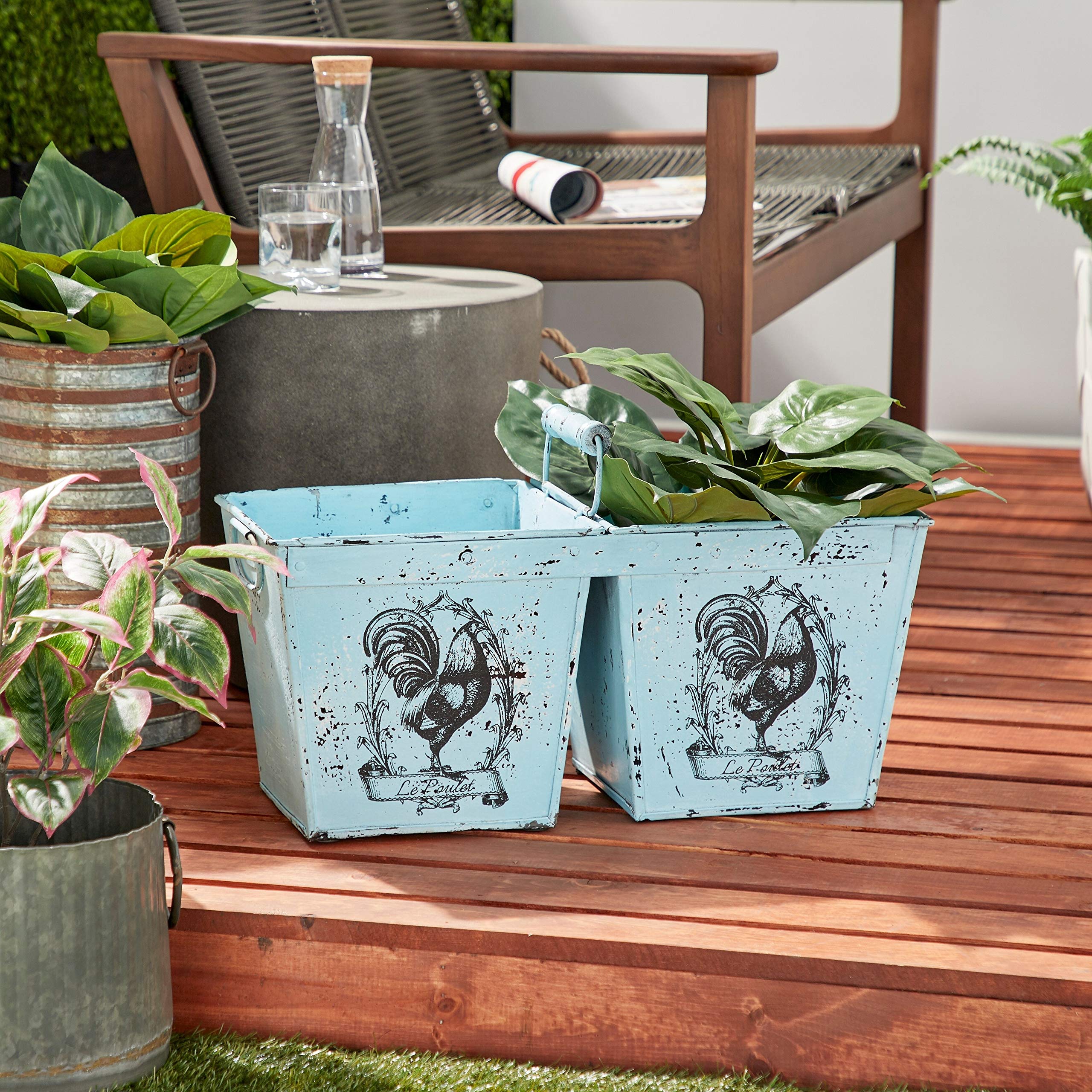 French Country Distressed Blue Metal Planter Set with Handle - 2 Pack Rustic Flower Pots with Rooster Illustrations (23