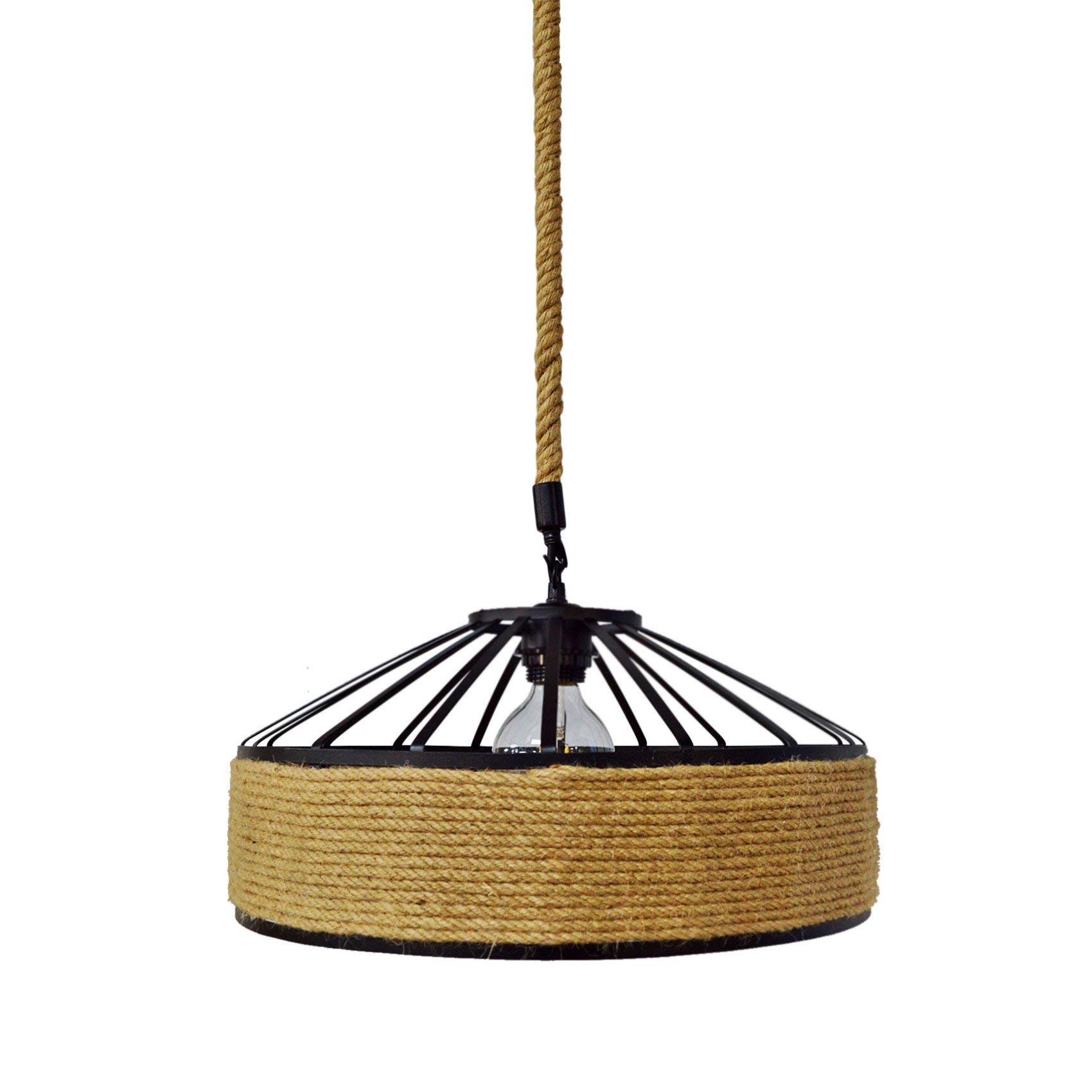 Green Light Depot 40W Industrial Pendant Light with Iron Frame & Rope Design, E26/E27 Socket - Perfect for Restaurants, Cafes, and Loft Lighting