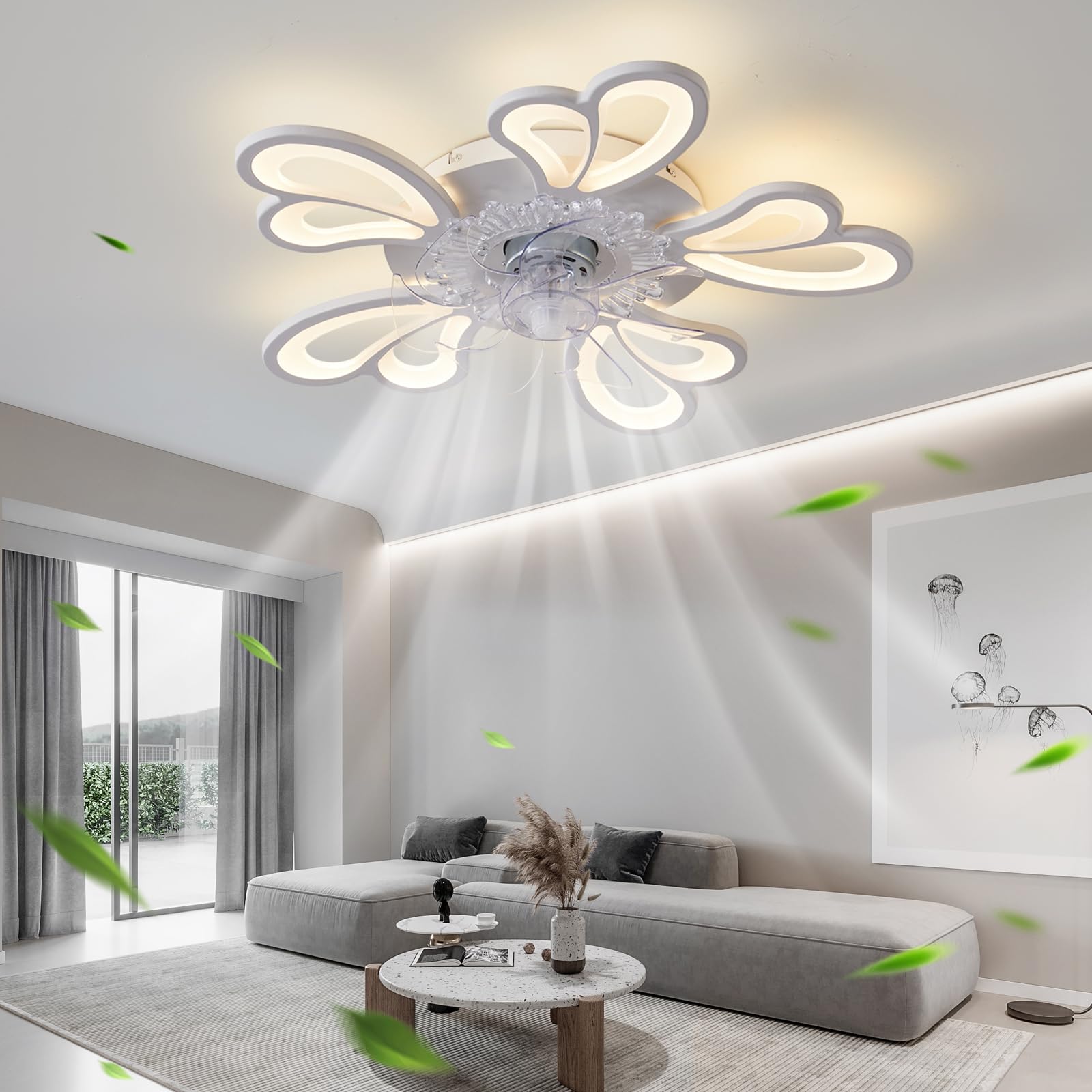 OLUZO 24.4 Inch White LED Ceiling Fan with Light and Remote Control - 6 Speed Flush Mount Dimmable Ceiling Fan for Bedroom, Living Room, Nursery - Energy Efficient Quiet Modern Ceiling Fan with Lighting for Home, Office, and Indoor Spaces