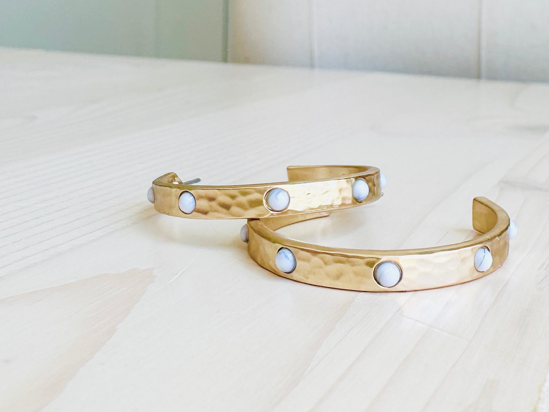 Hammered Gold & White Stone Hoop Earrings for Women - Elegant Dangle Statement Jewelry for Party, Wedding & Everyday Wear