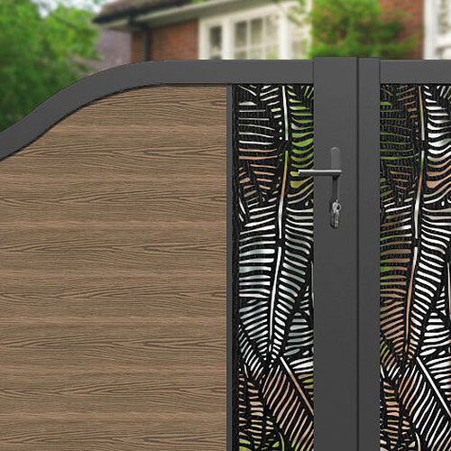 Classic Teak Feather Curved Top Driveway Gate with Middle & End Screen - Elegant and Durable Driveway Entrance Solution for Homes and Gardens