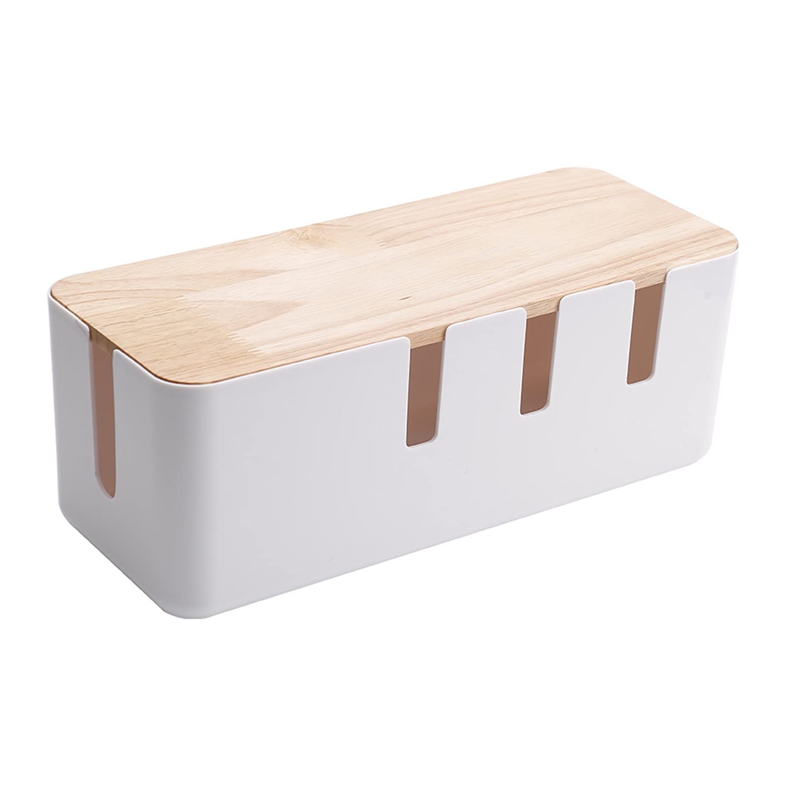 Large White Plastic Cable Organizer Box with Bamboo Cover - Desk Cord Management Solution to Hide Power Strips & Conceal Wires - Perfect for Home Office, Gaming Setup, and TV Stand Organization