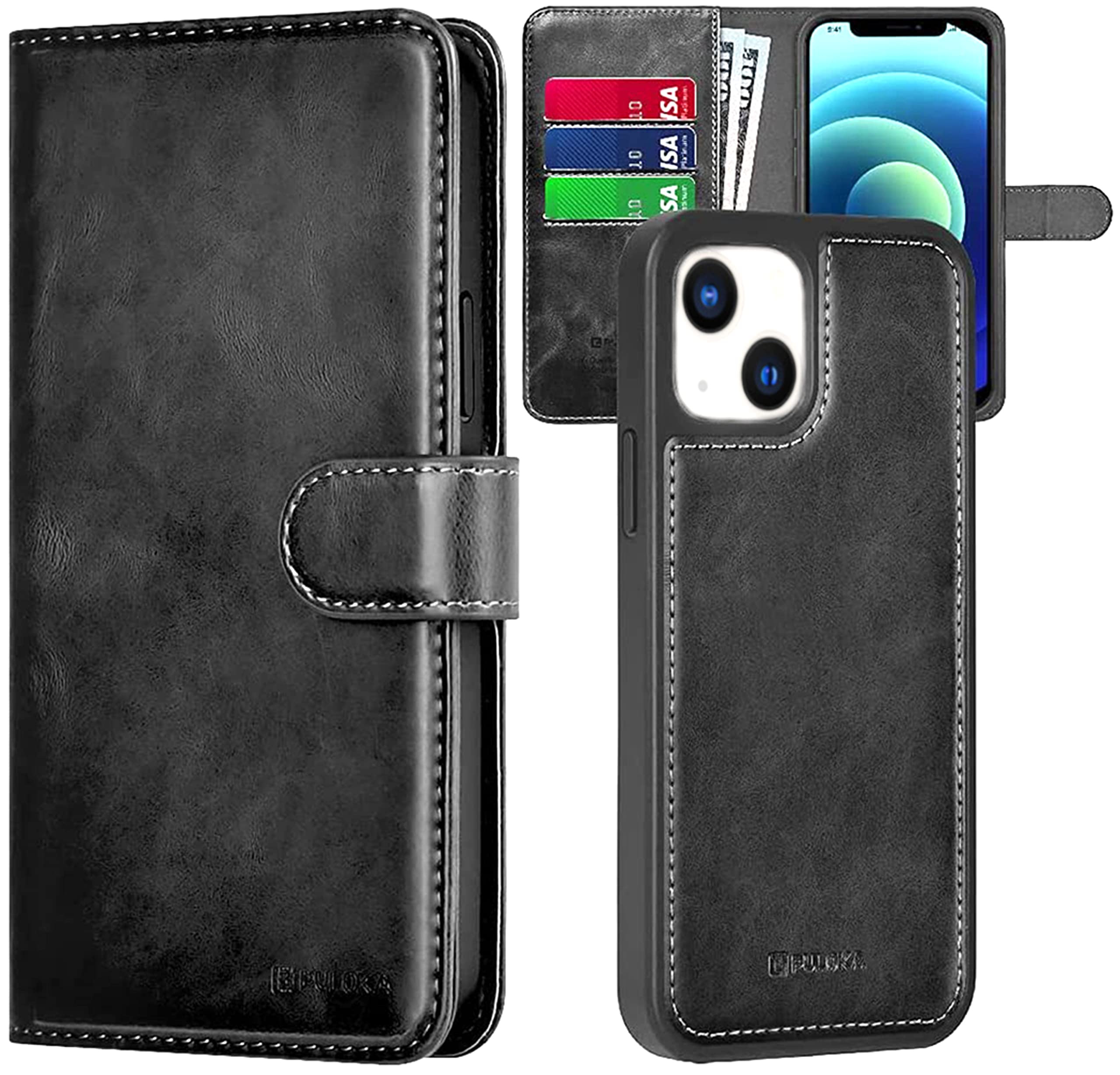 PULOKA Unisex TPU Leather Flip Wallet Case for Apple iPhone 14 - Detachable 2-in-1 Design with Card Slots | Perfect for Everyday Use, Business & Travel (Black)