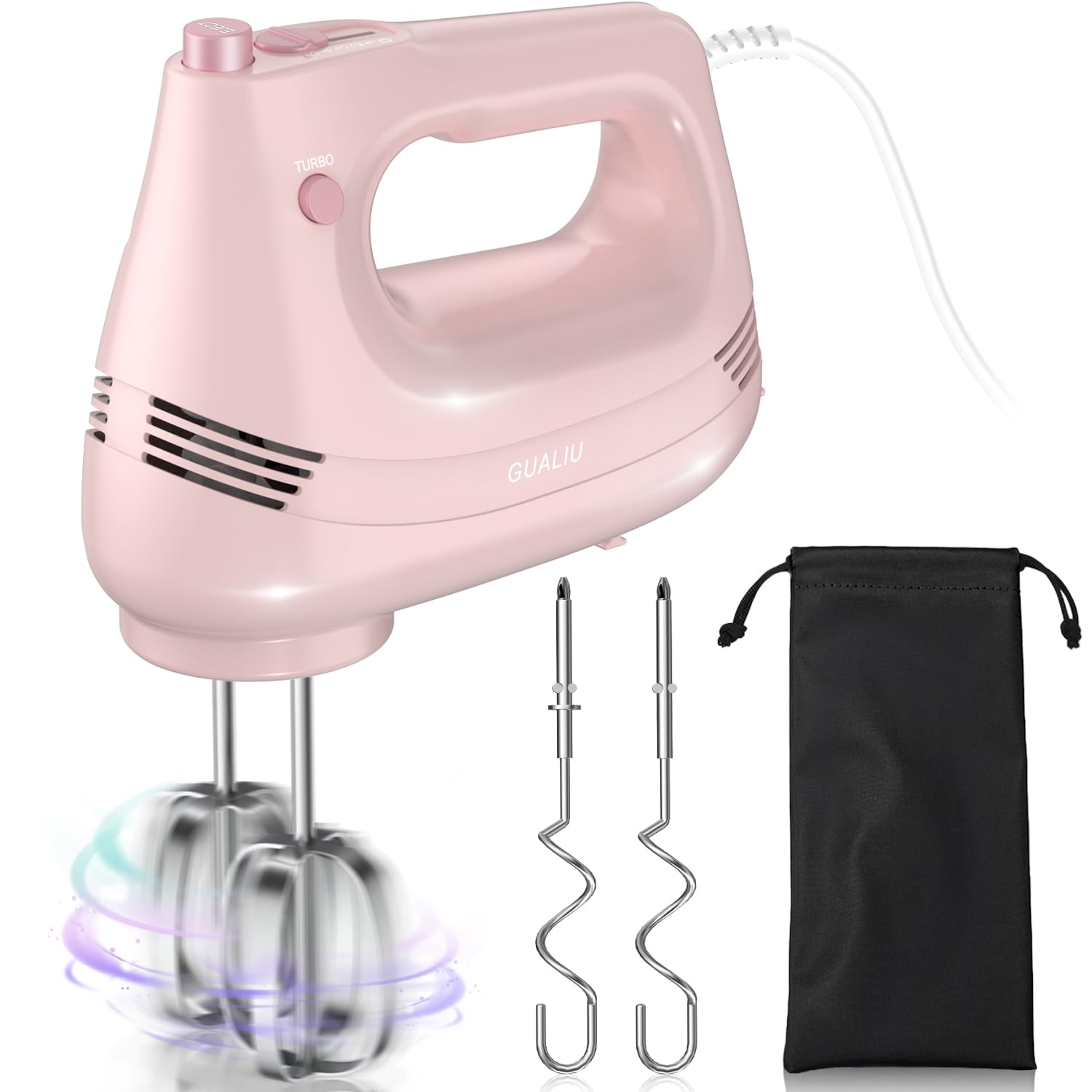 **5-Speed Electric Hand Mixer with Stainless Steel Whisk & Dough Hook - Turbo Boost Kitchen Blender for Baking Cakes, Eggs, Cream - Includes Storage Bag (Pink) - Perfect for Home Baking, Whipping, and Mixing**
