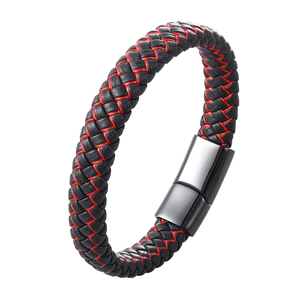 Kejing Punk Braided Genuine Leather Bracelet for Men & Women - Stainless Steel Magnetic Clasp Unisex Jewelry - Blue & Red Couple Bracelets - Perfect Birthday Gifts for Him & Her (16.5cm, Red Metal) - Great for Casual Wear, Date Nights & Anniversary Gifts