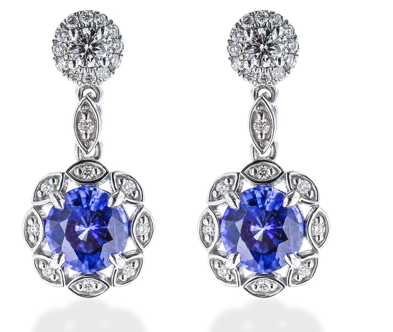 2.60 CTW Sapphire & 0.54 CTW Diamond Halo Drop Earrings for Women - Elegant Dangling Jewelry for Weddings, Parties & Special Occasions