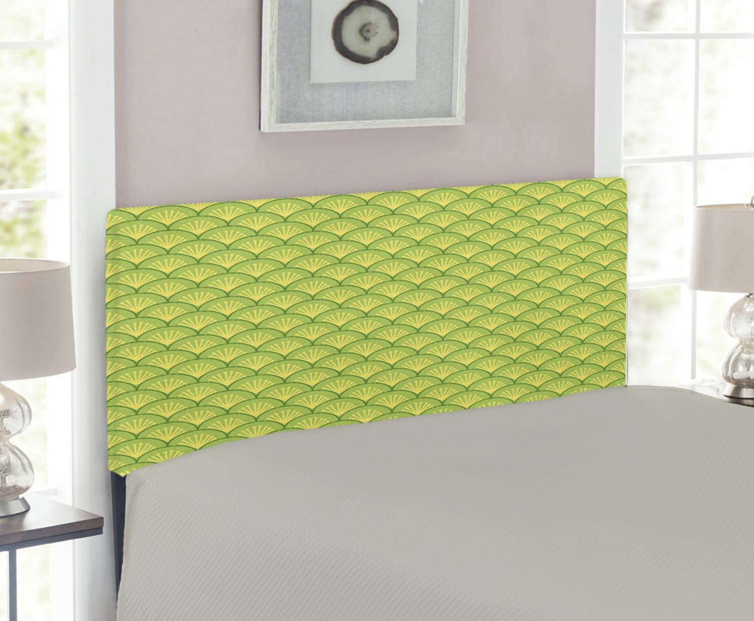 Ambesonne Green Upholstered Headboard - Traditional Japanese Floral Wave Pattern, Twin Size Metal Bed Headboard with Memory Foam in Yellow Green Apple | Asian-Inspired Bedroom Decor for Master & Guest Rooms