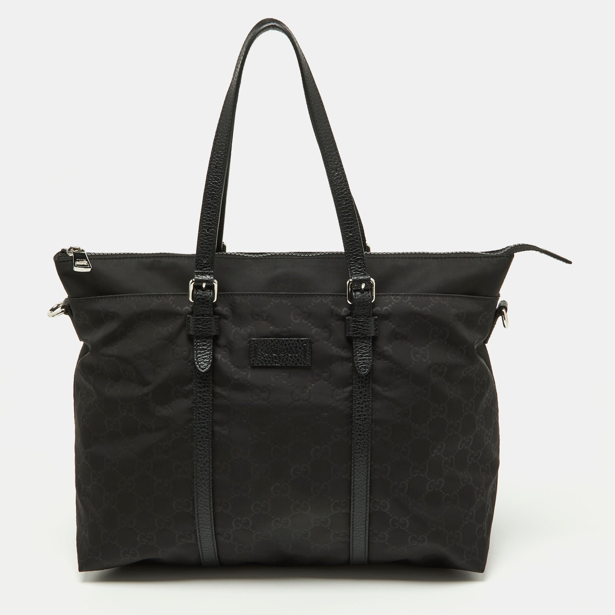 Black GG Nylon and Leather Top Zip Tote Bag for Women - Luxury Designer Handbag for Work, Travel & Everyday Use