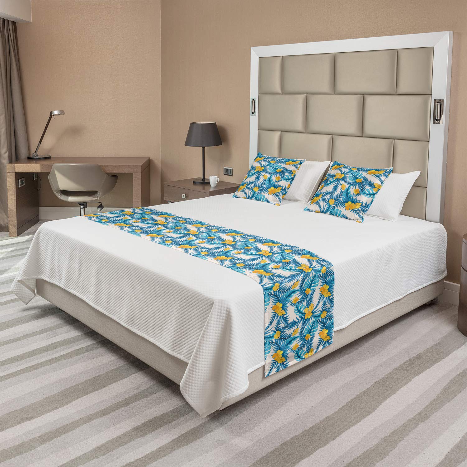 Ambesonne Tropical Bed Runner Set with Exotic Leaves & Flowers - Abstract Rainforest Design Bed Scarf & 2 Pillow Shams - Blue Yellow Ivory Home Decor for Hotels, Bedrooms & Guest Rooms