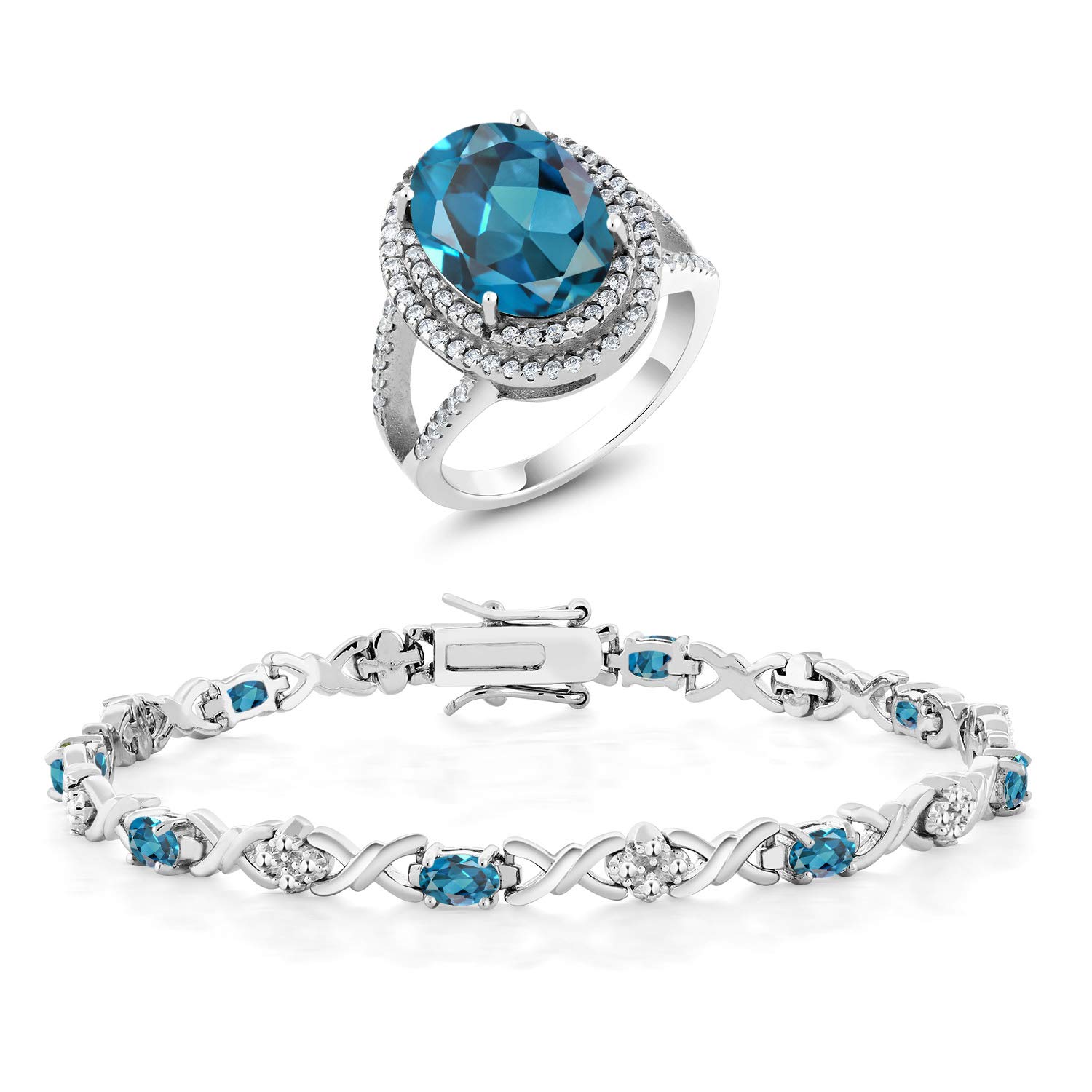 12.14 Ct Oval London Blue Topaz Sterling Silver Ring & Bracelet Set - 925 Silver Gemstone Jewelry for Women, Gift for Anniversary, Birthday, Wedding, Party