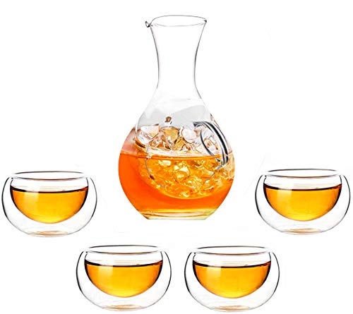 5-Piece Set Double Walled Glass Sake Cups with Stoppers - Modern Transparent Wine Decanter for Japanese Sake, Whiskey & Cocktails - Perfect for Dinner Parties, Gifts & Home Bar Decor