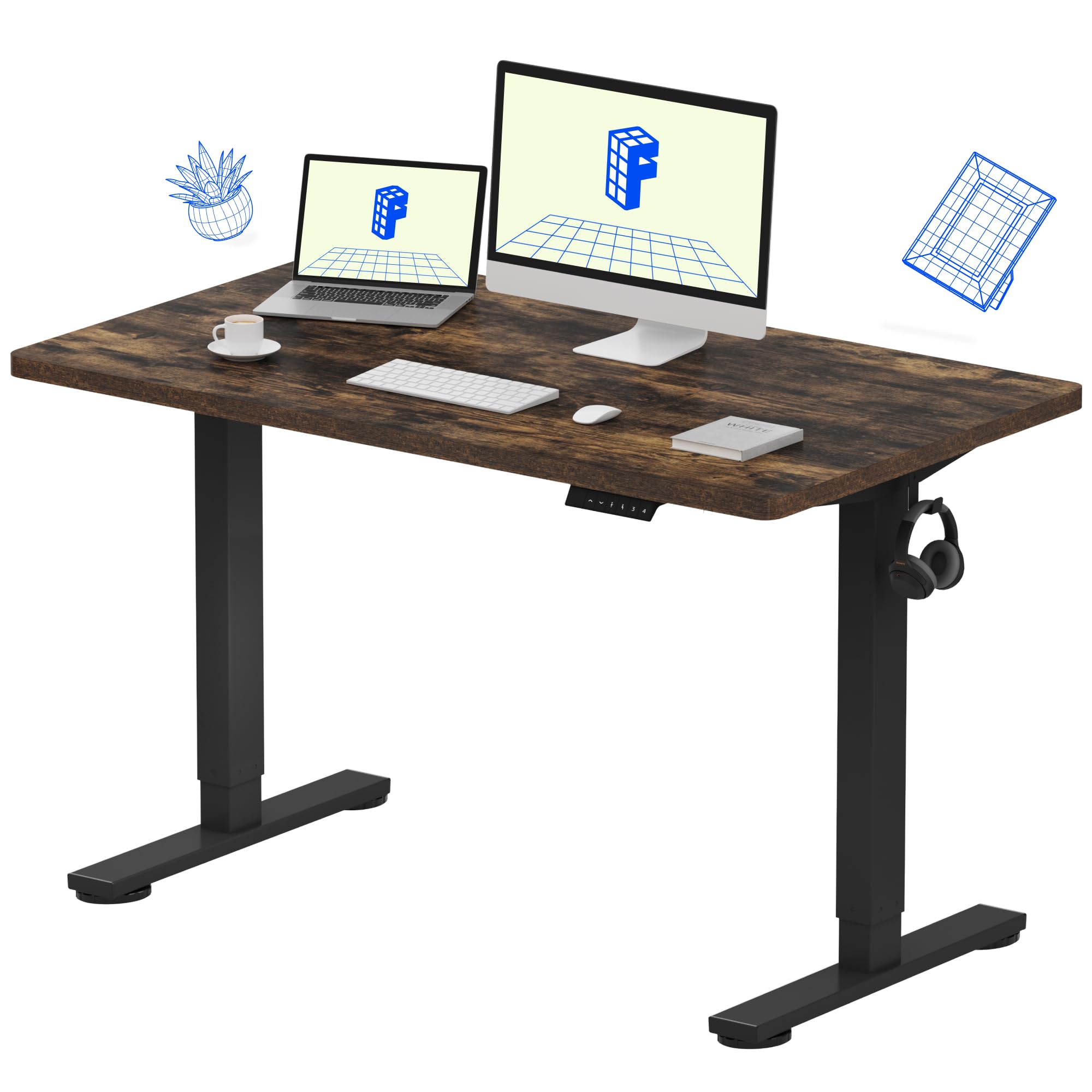 Flexispot Electric Height Adjustable Standing Desk - 48x24 Inches Whole-Piece Desktop, Black Frame with Rustic Finish for Home Office | Ergonomic Sit Stand Workstation for Productivity & Comfort